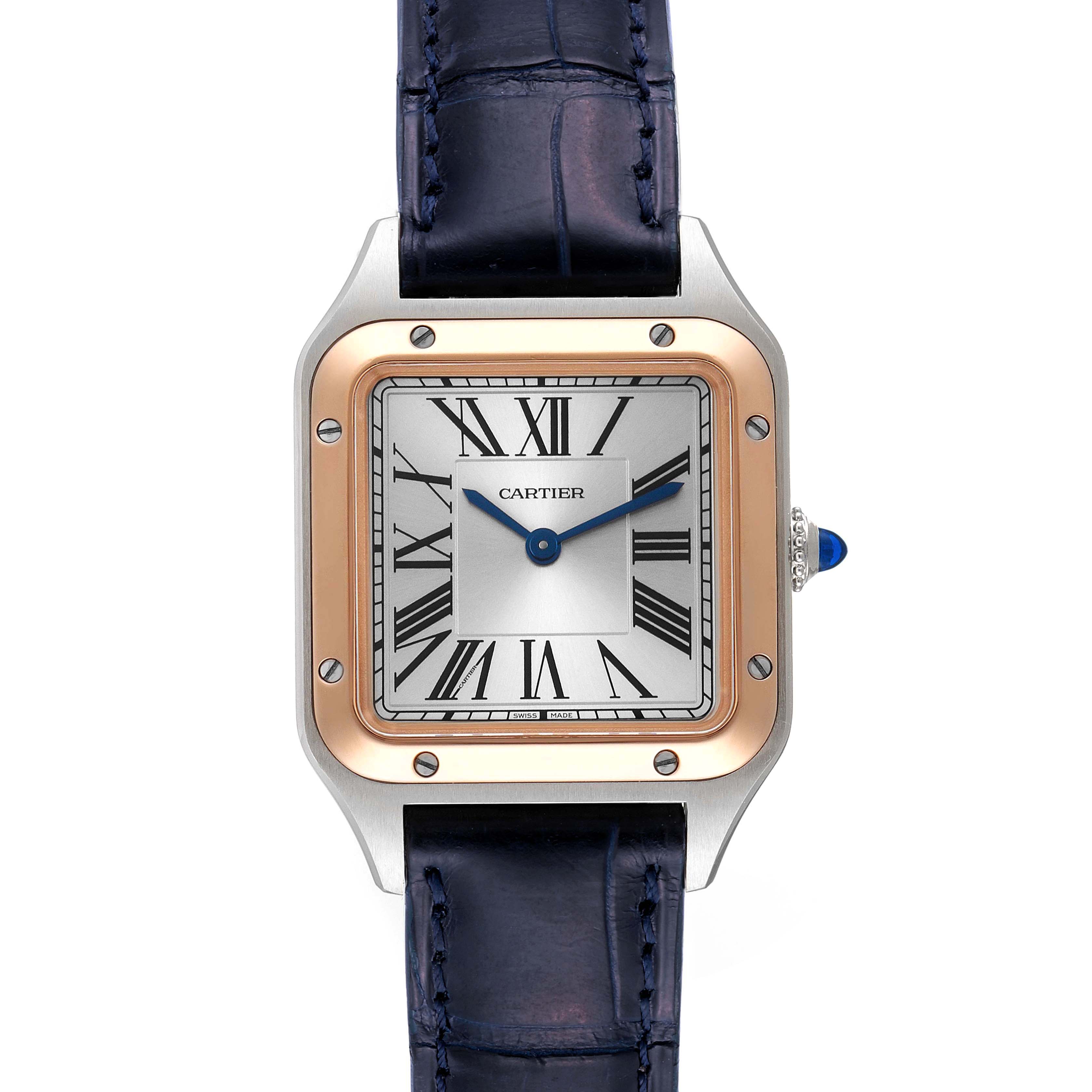 The image shows a frontal view of the Cartier Santos W2SA0012 Women's Steel and Gold (two tone) Silver Dial W2SA0012 Women's Steel and Gold (two tone) Silver Dial model watch, including its dial, case, and strap.