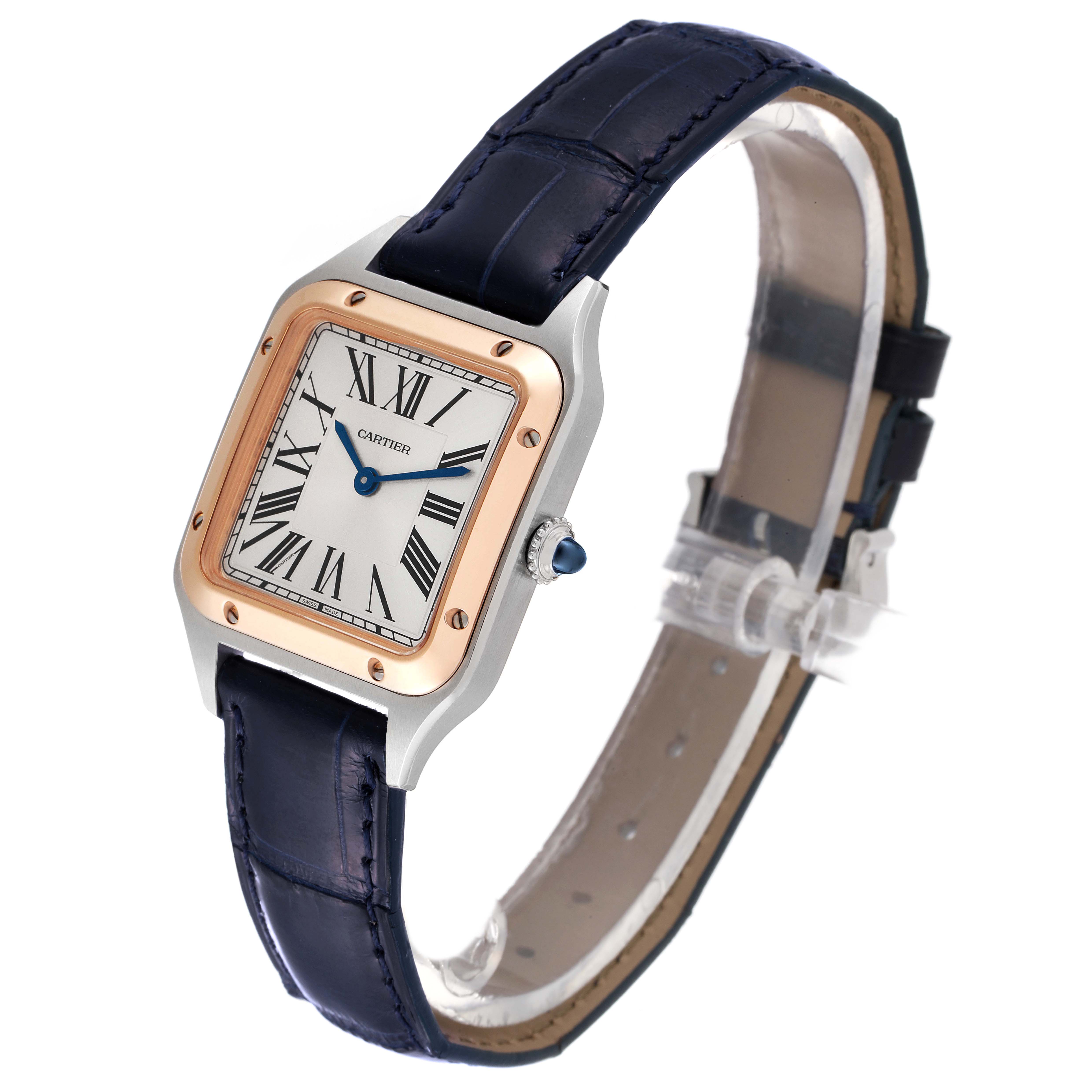 The Cartier Santos W2SA0012 Women's Steel and Gold (two tone) Silver Dial W2SA0012 Women's Steel and Gold (two tone) Silver Dial watch is shown from an oblique angle, displaying its face, bezel, crown, and leather strap.