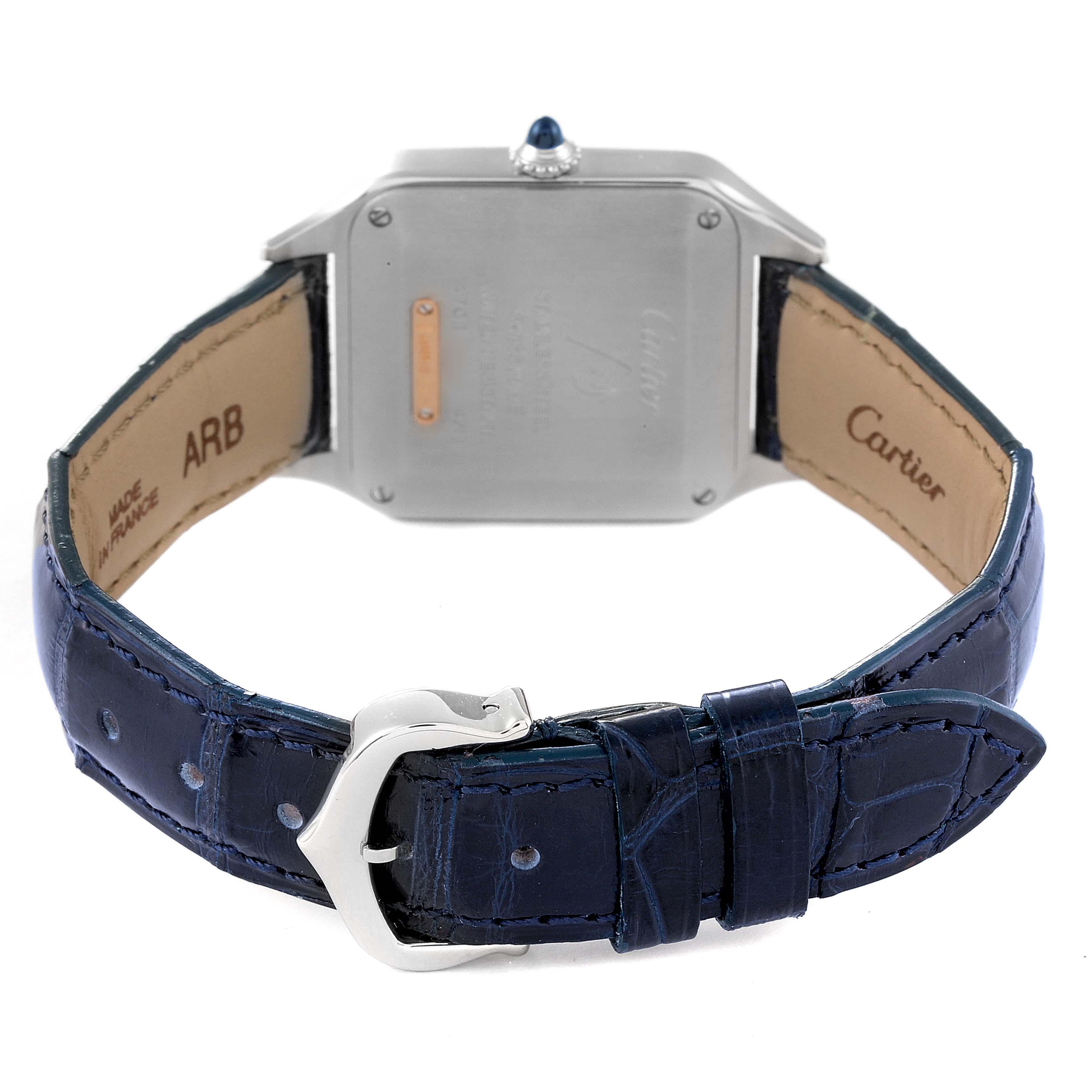 The image shows the back view of a Cartier Santos W2SA0012 Women's Steel and Gold (two tone) Silver Dial W2SA0012 Women's Steel and Gold (two tone) Silver Dial watch, displaying its leather strap and buckle.