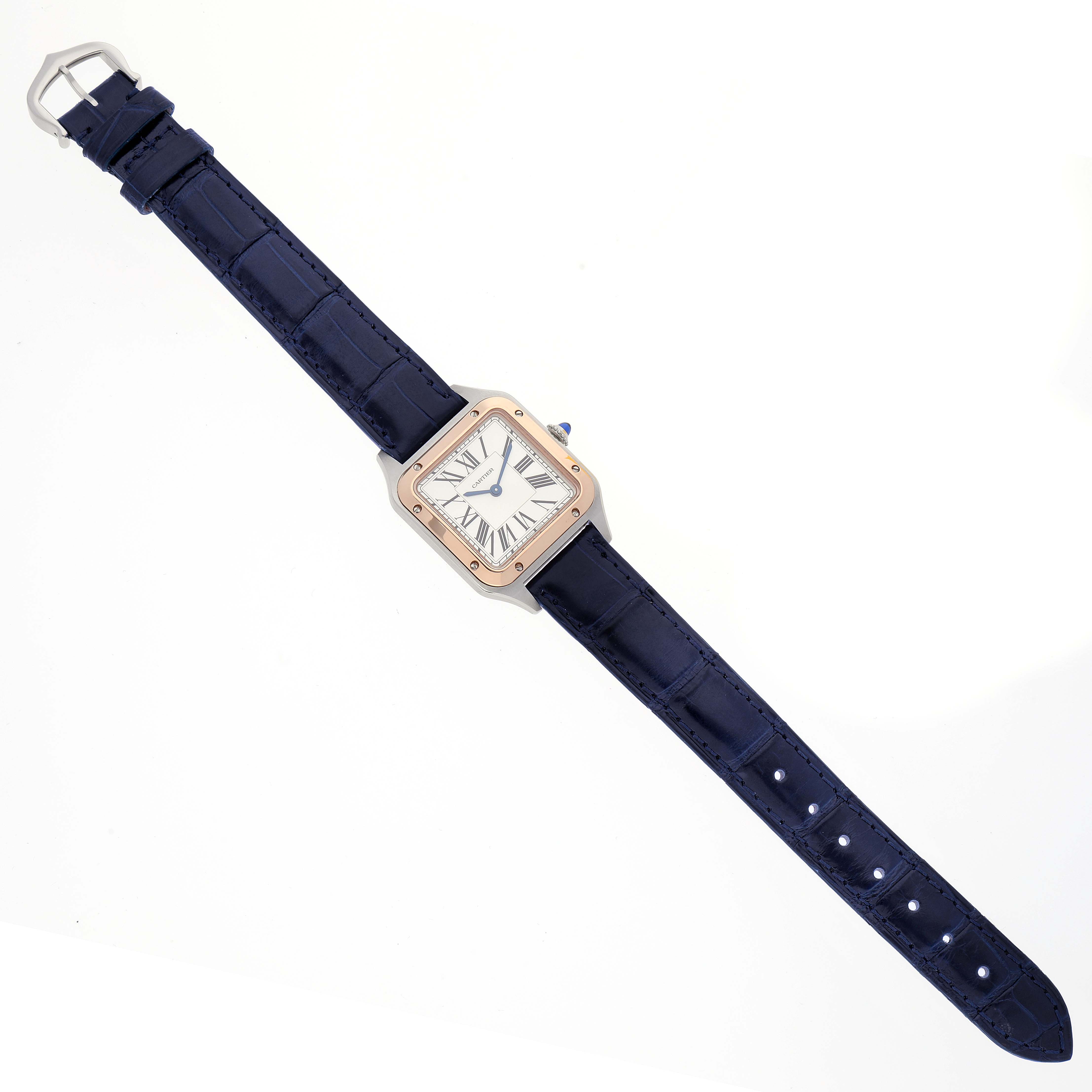 The Cartier Santos W2SA0012 Women's Steel and Gold (two tone) Silver Dial W2SA0012 Women's Steel and Gold (two tone) Silver Dial watch is shown from a top angle, featuring the face, bezel, and full strap.