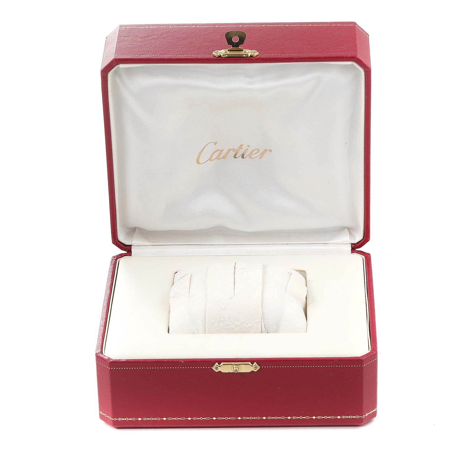 The image shows an open Cartier Santos W20012C4 Women's Steel and Gold (two tone) Silver Dial W20012C4 Women's Steel and Gold (two tone) Silver Dial watch box, displaying the empty interior with a white cushion.