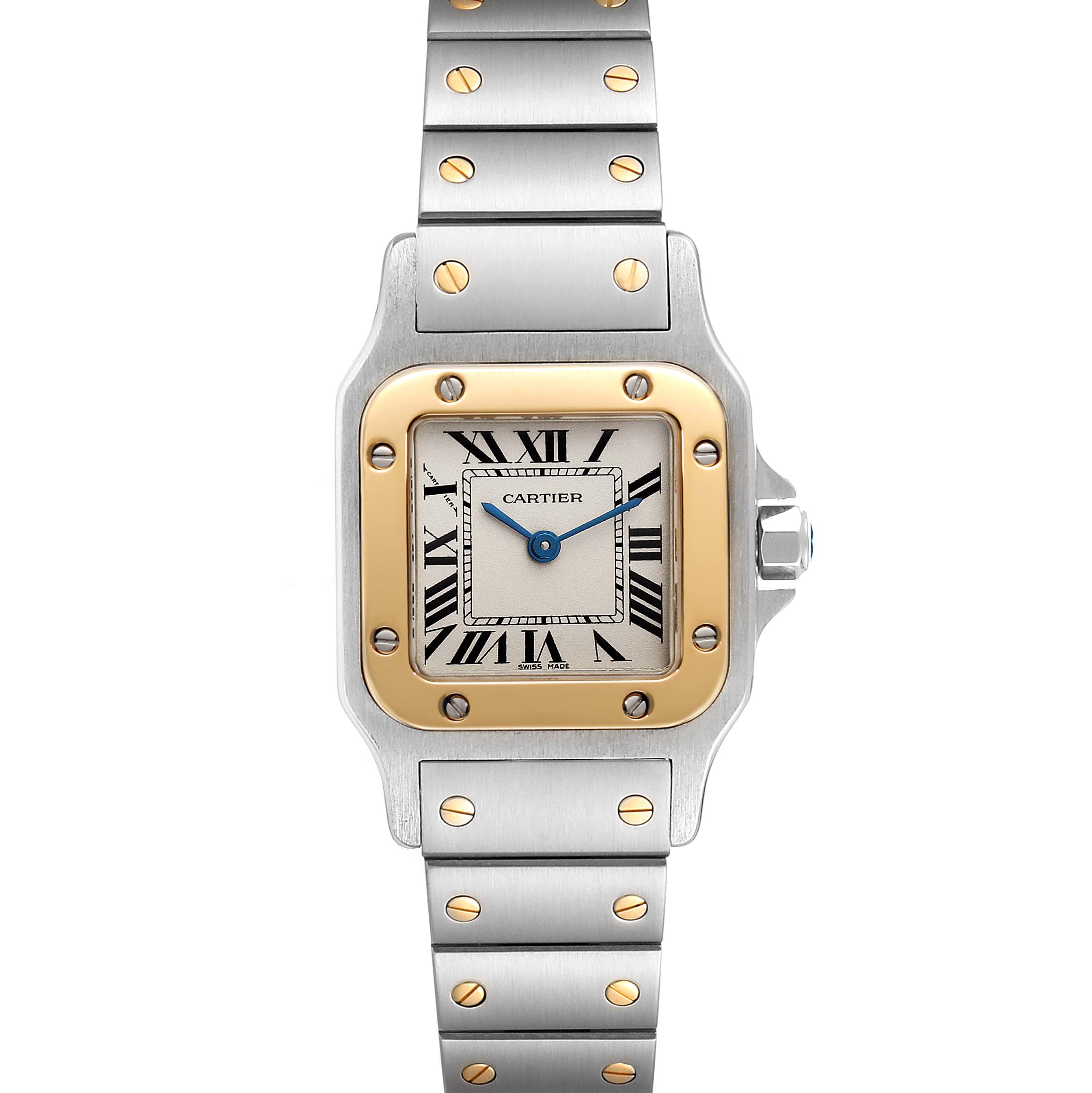 The Cartier Santos W20012C4 Women's Steel and Gold (two tone) Silver Dial W20012C4 Women's Steel and Gold (two tone) Silver Dial watch is shown from a top-down angle, highlighting its face, bezel, and part of the bracelet.