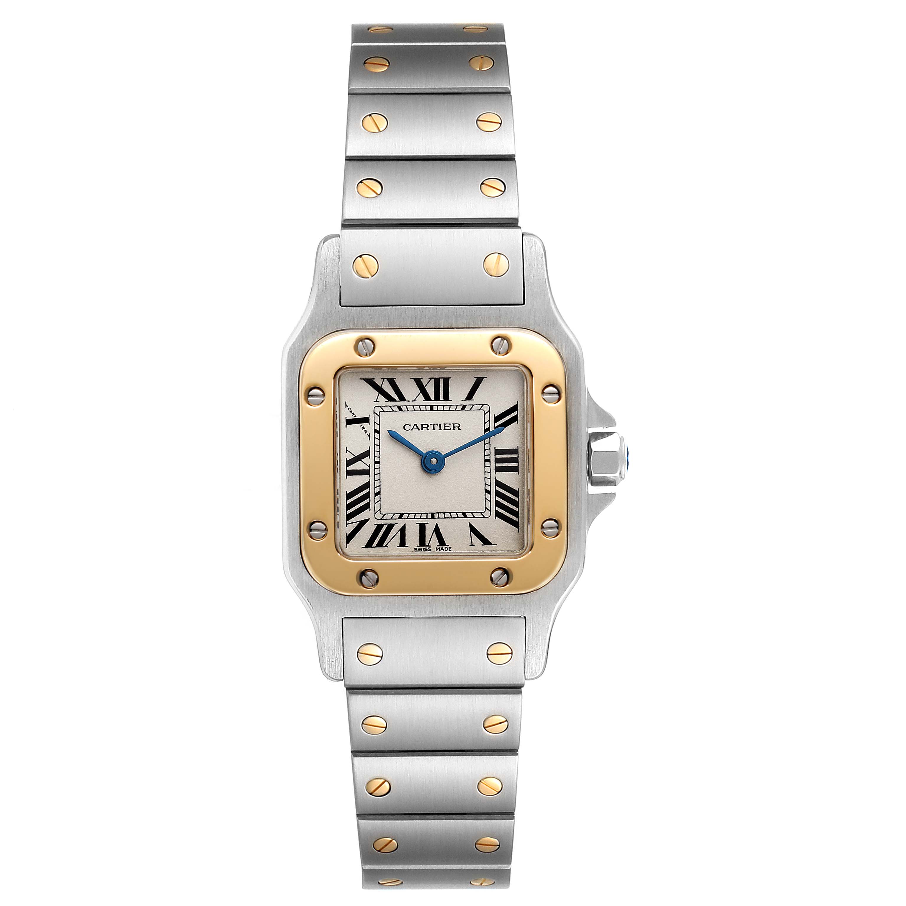 This Cartier Santos W20012C4 Women's Steel and Gold (two tone) Silver Dial W20012C4 Women's Steel and Gold (two tone) Silver Dial model watch is shown from a top-down angle, displaying the face, bezel, and part of the bracelet.