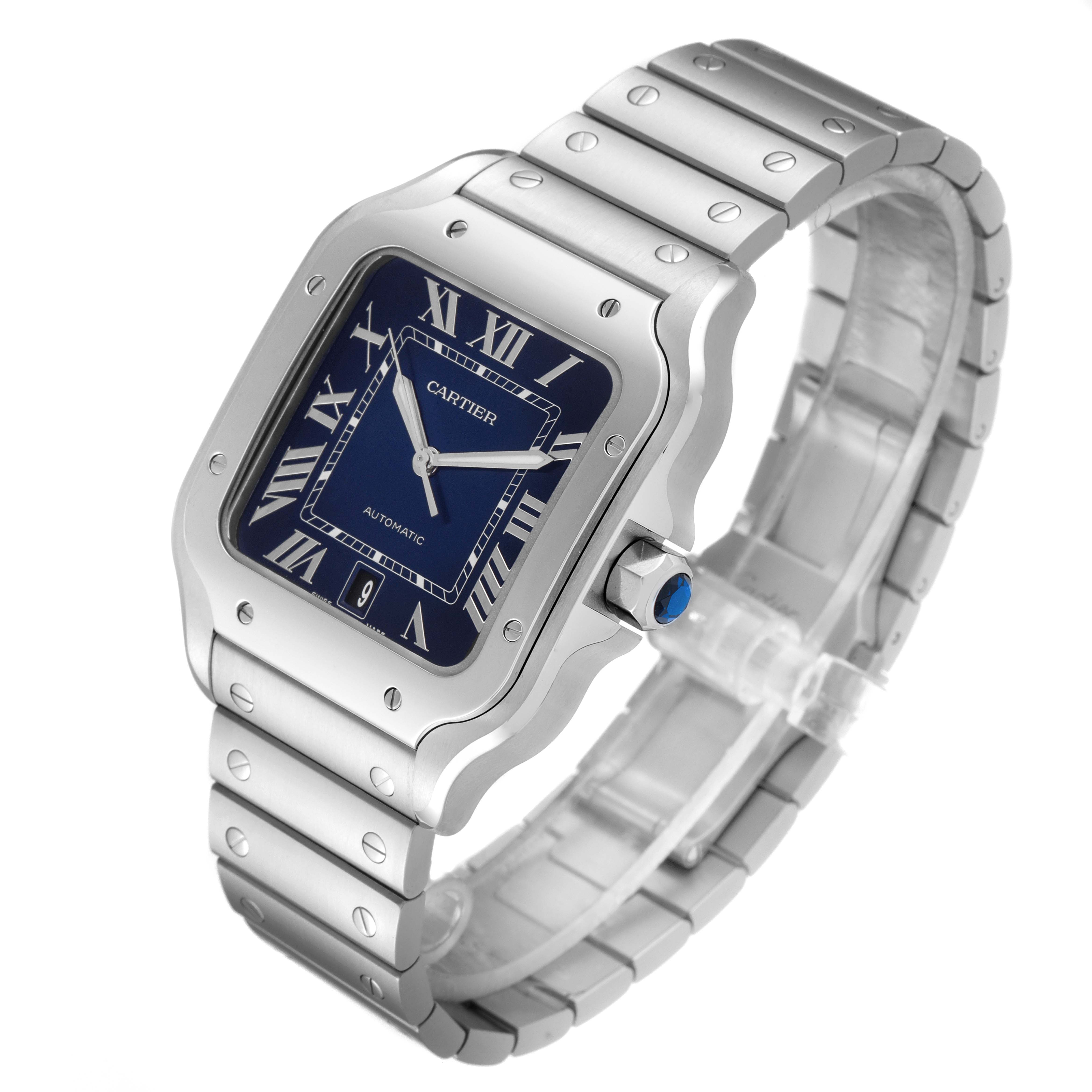 The Cartier Santos WSSA0030 Men
s Stainless Steel Blue Dial WSSA0030 Men
s Stainless Steel Blue Dial watch is shown at an angled front view, highlighting the face, bezel, and bracelet.