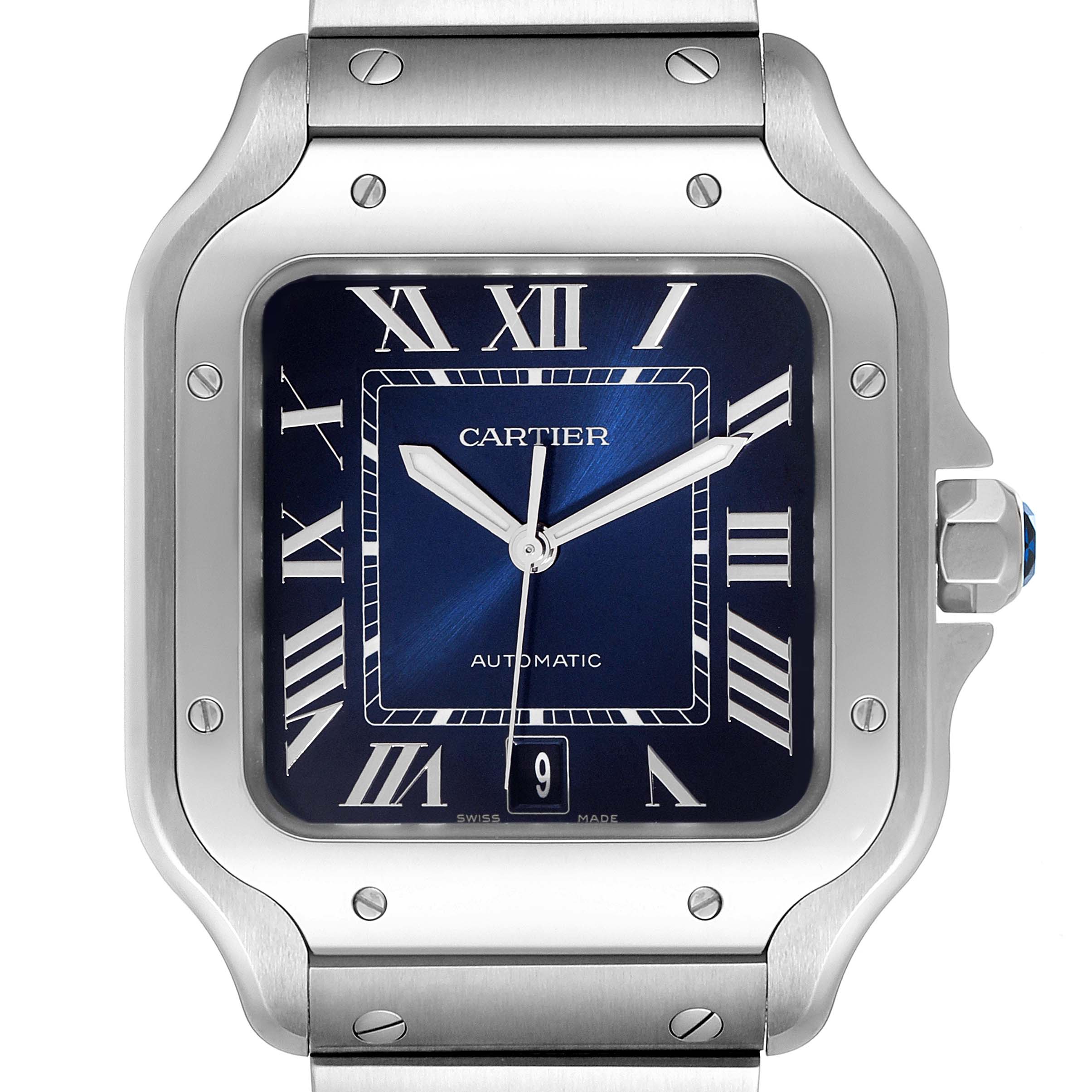 This image shows a close-up front view of the Cartier Santos WSSA0030 Men
s Stainless Steel Blue Dial WSSA0030 Men
s Stainless Steel Blue Dial watch face and part of its metal bracelet.