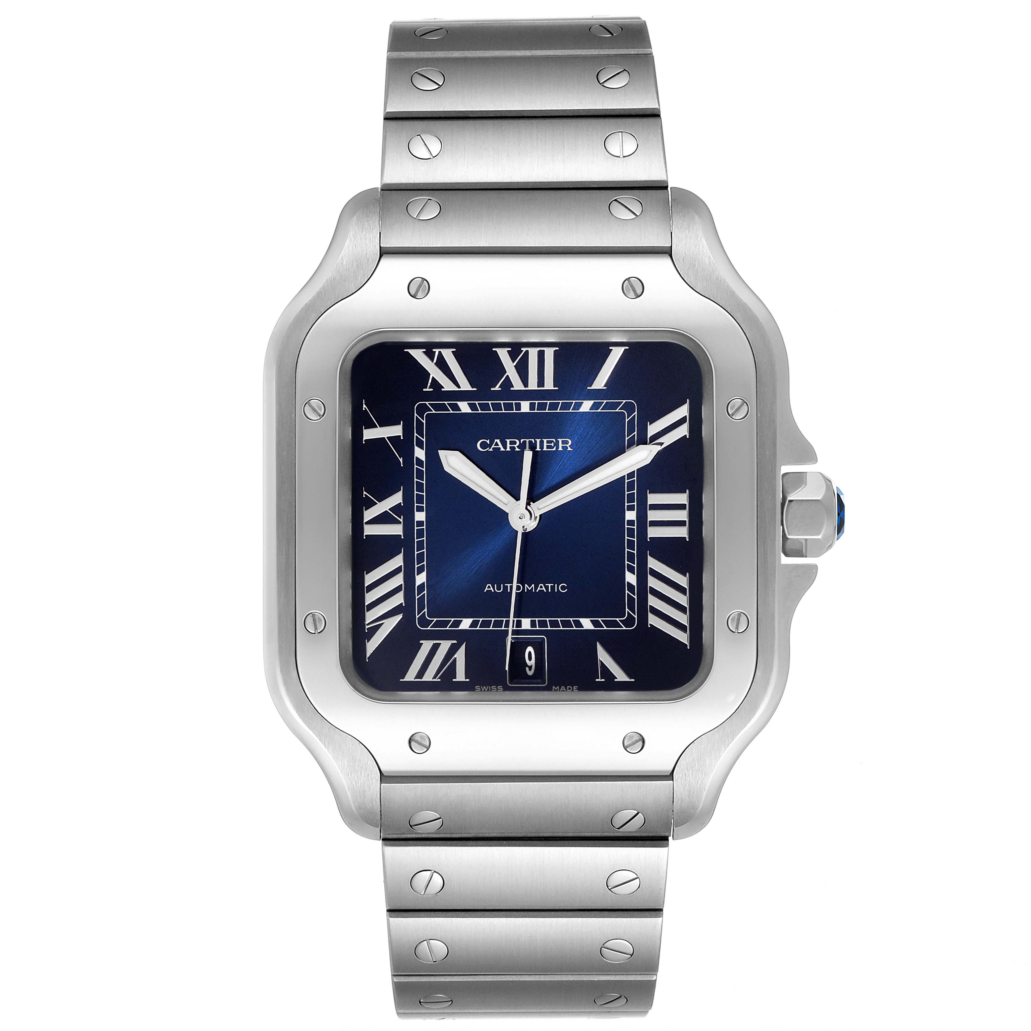 The image shows a front view of a Cartier Santos WSSA0030 Men
s Stainless Steel Blue Dial WSSA0030 Men
s Stainless Steel Blue Dial watch, featuring a blue dial and a stainless steel bracelet.