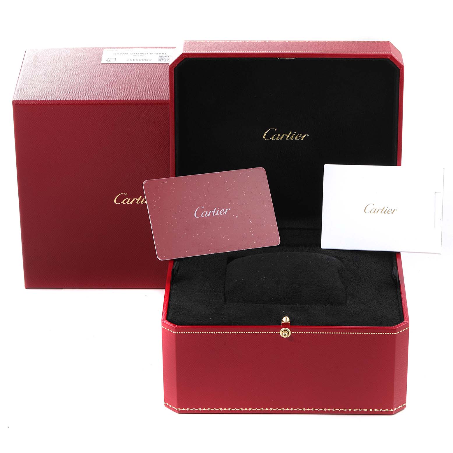 The image shows the open red box and warranty cards for the Cartier Santos WSSA0030 Men
s Stainless Steel Blue Dial WSSA0030 Men
s Stainless Steel Blue Dial model watch.