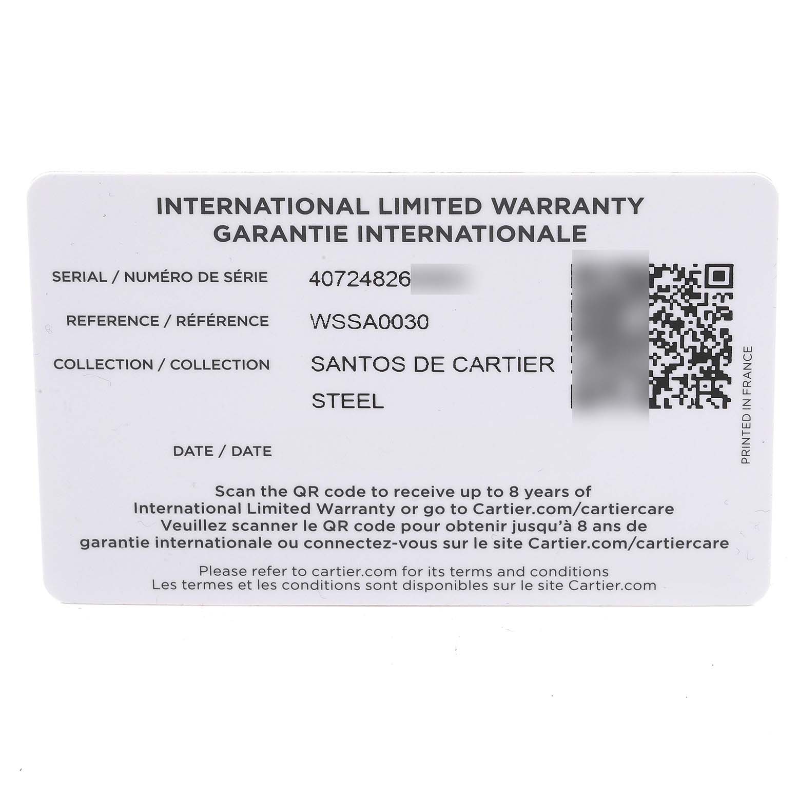 The image shows the International Limited Warranty card for a Santos de Cartier steel watch, with serial and reference numbers.
