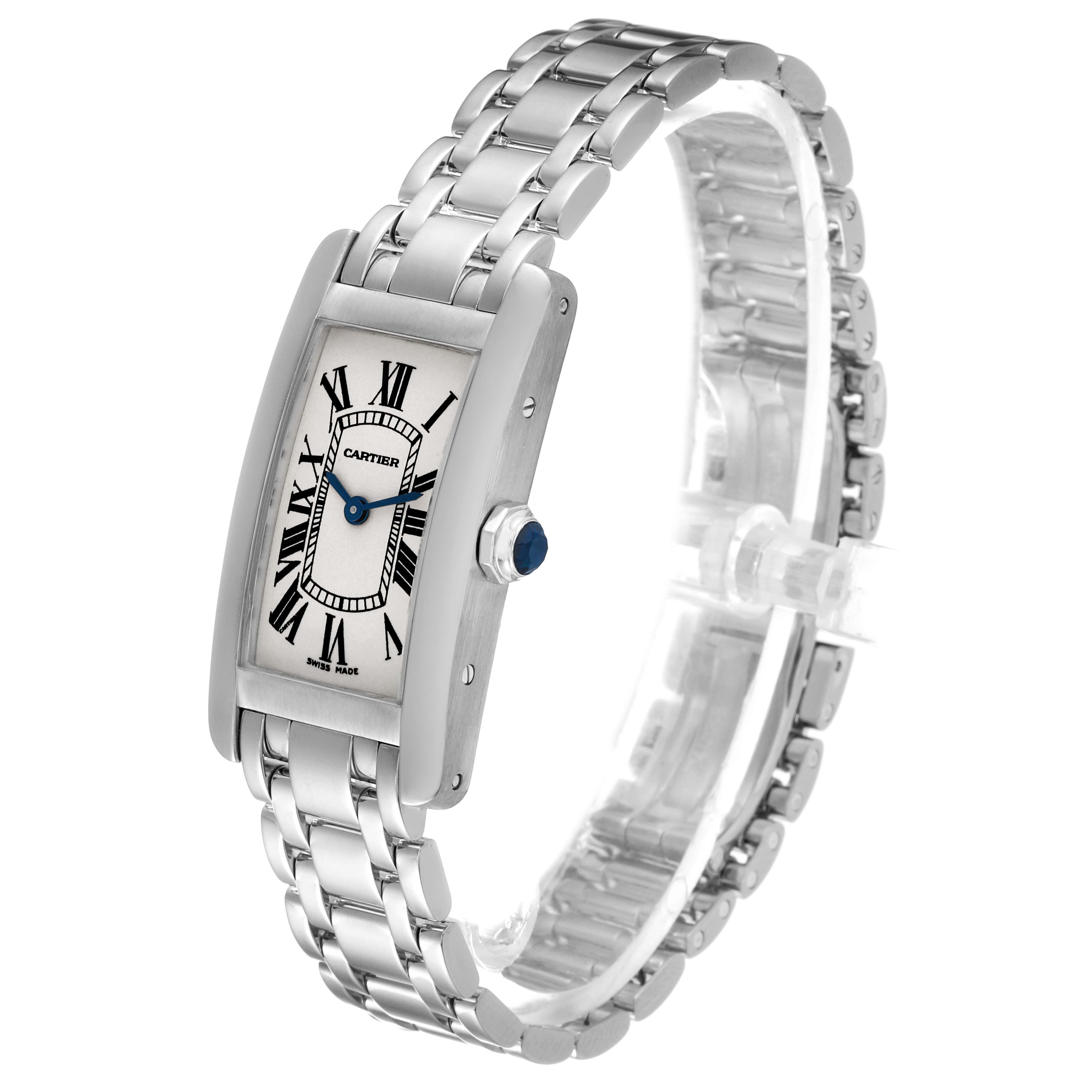 The Cartier Tank Americaine W26019L1 Women
s White Gold Silver Dial W26019L1 Women
s White Gold Silver Dial watch is shown from a three-quarter angle, displaying its face, bracelet, case, and crown.