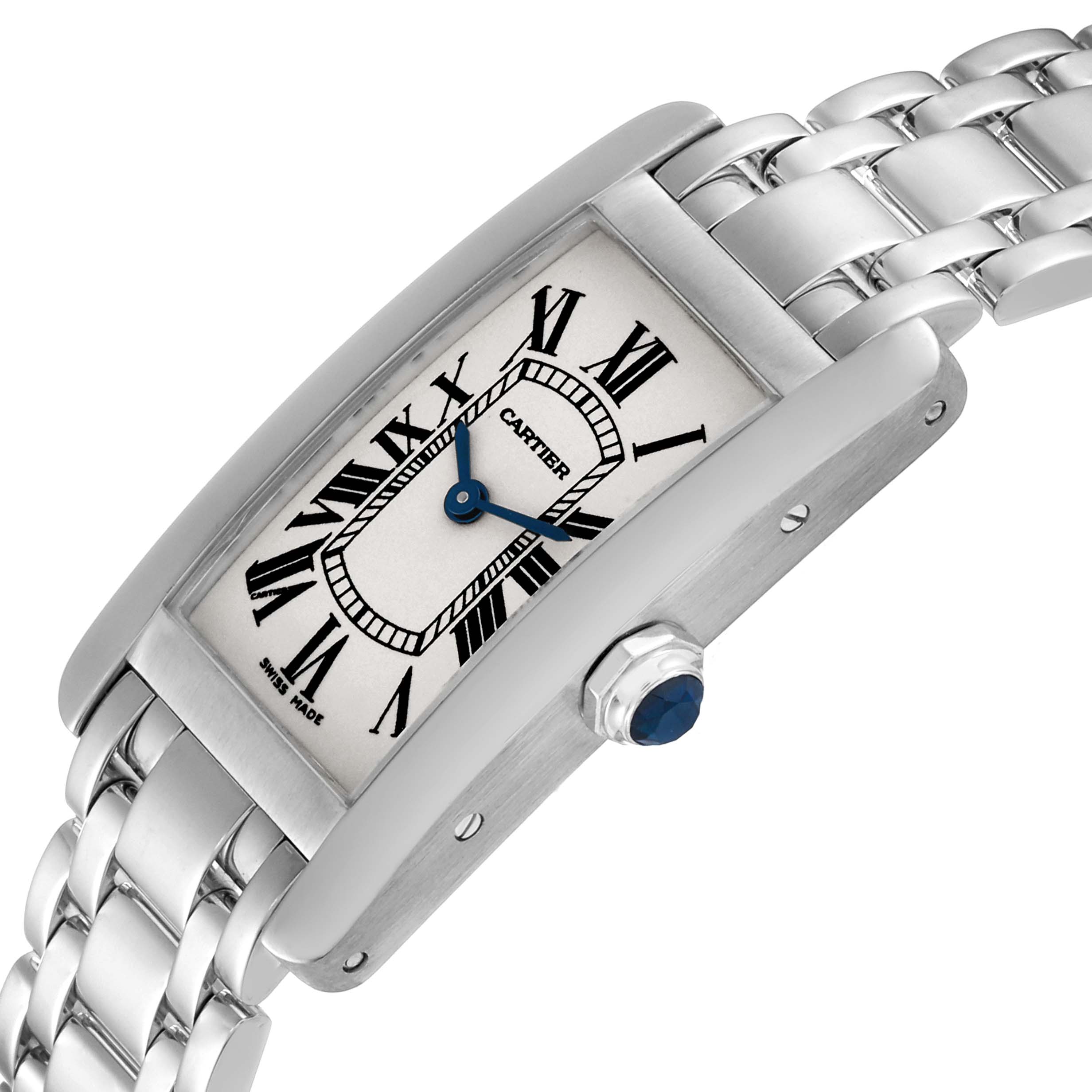 This image shows a Cartier Tank Americaine W26019L1 Women
s White Gold Silver Dial W26019L1 Women
s White Gold Silver Dial watch at an angled side view, displaying the face, bezel, and part of the bracelet.