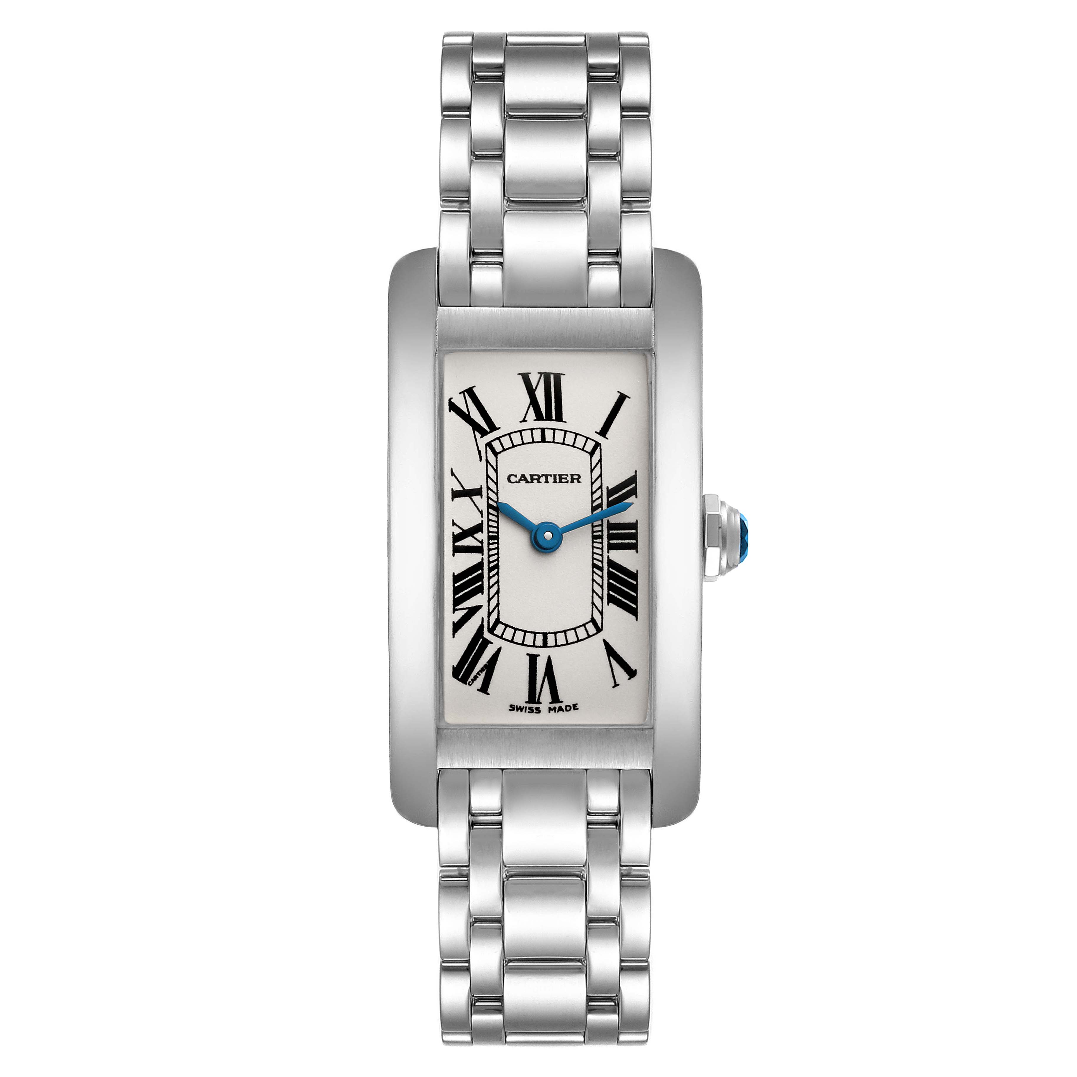 The image shows a Cartier Tank Américaine watch from a front angle, highlighting its rectangular face and metal bracelet.