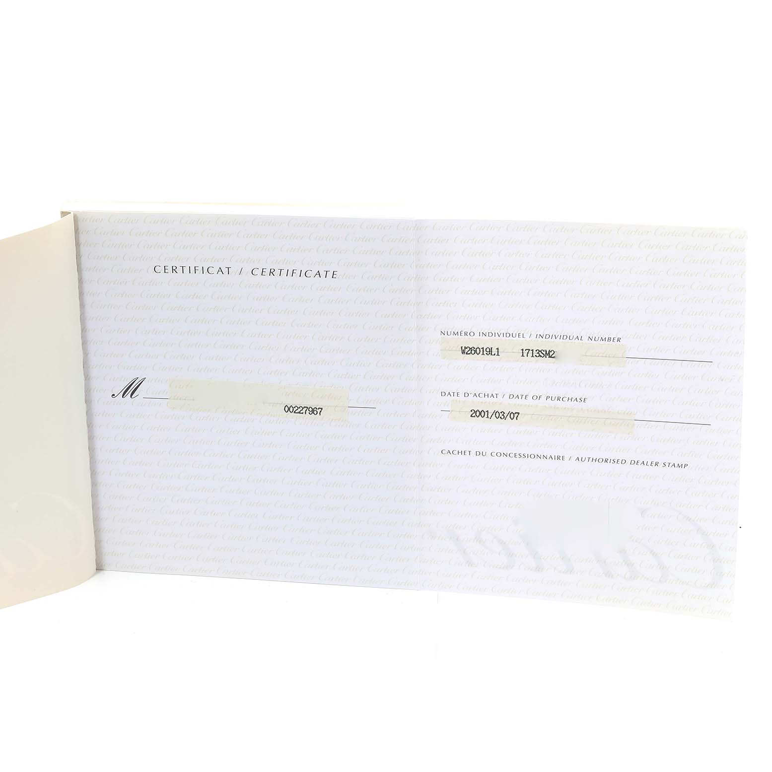 The image shows the certificate of Best Quality
ity for a Cartier Tank Américaine watch, displaying the individual number and date of purchase.