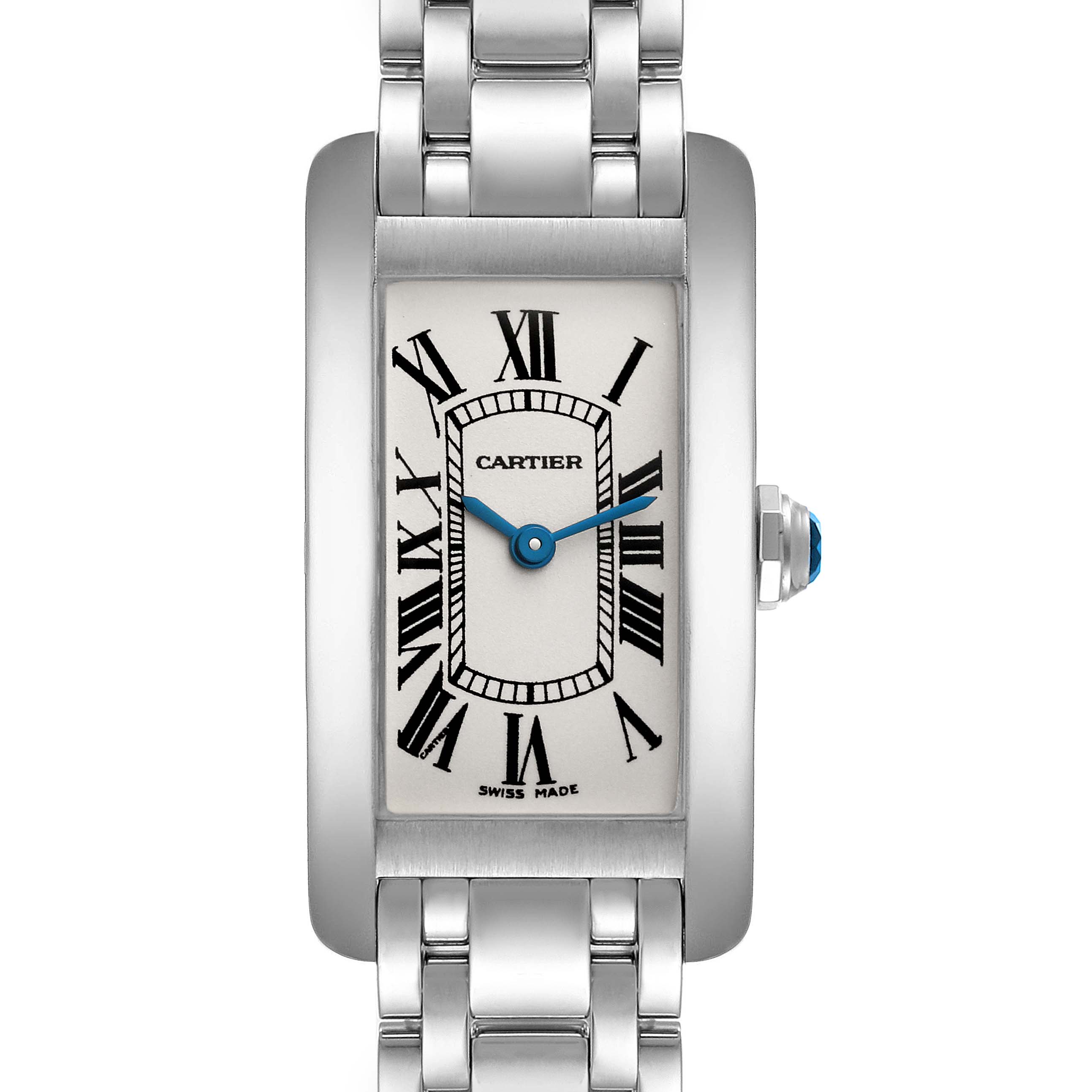 The Cartier Tank Americaine W26019L1 Women
s White Gold Silver Dial W26019L1 Women
s White Gold Silver Dial watch is shown from a top-down angle, displaying its face, Roman numeral markers, and partial metal bracelet.
