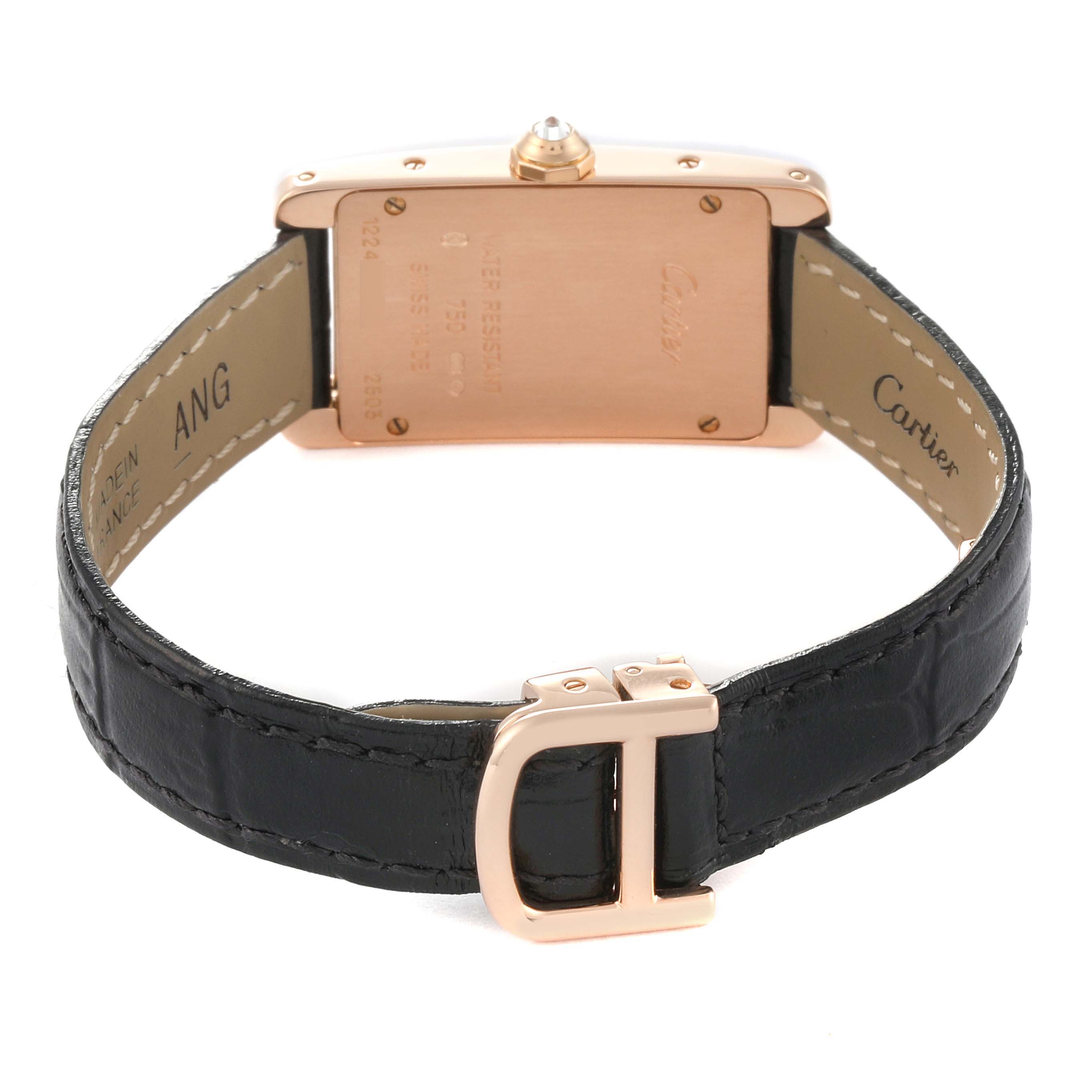 The image shows the back view of a Cartier Tank Américaine watch, highlighting the case back, crown, and black leather strap with buckle.