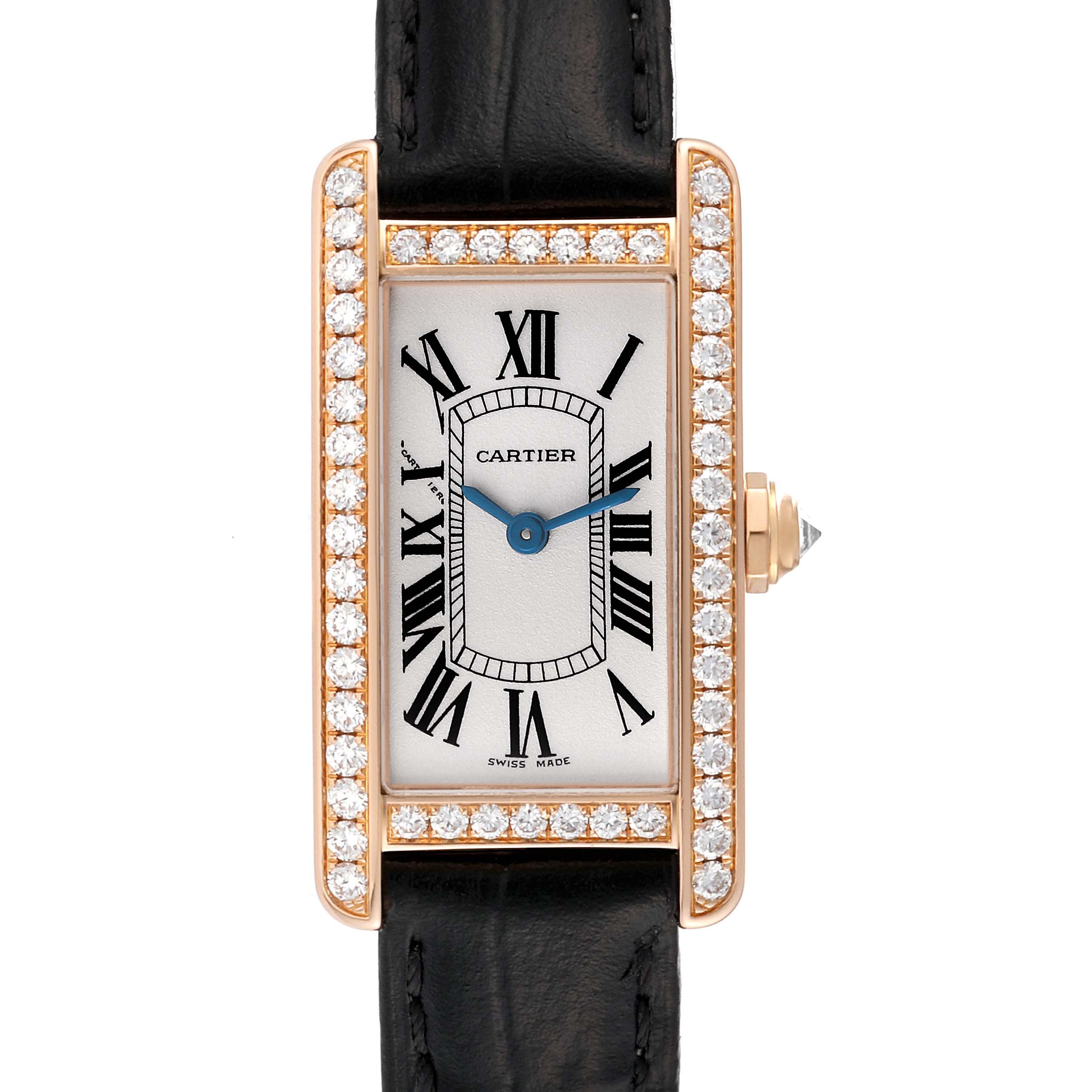 The image shows a front view of the Cartier Tank Americaine WJTA0002 Women's Rose Gold Silver Dial WJTA0002 Women's Rose Gold Silver Dial watch, highlighting its rectangular face, Roman numeral dial, diamond bezel, and black leather strap.