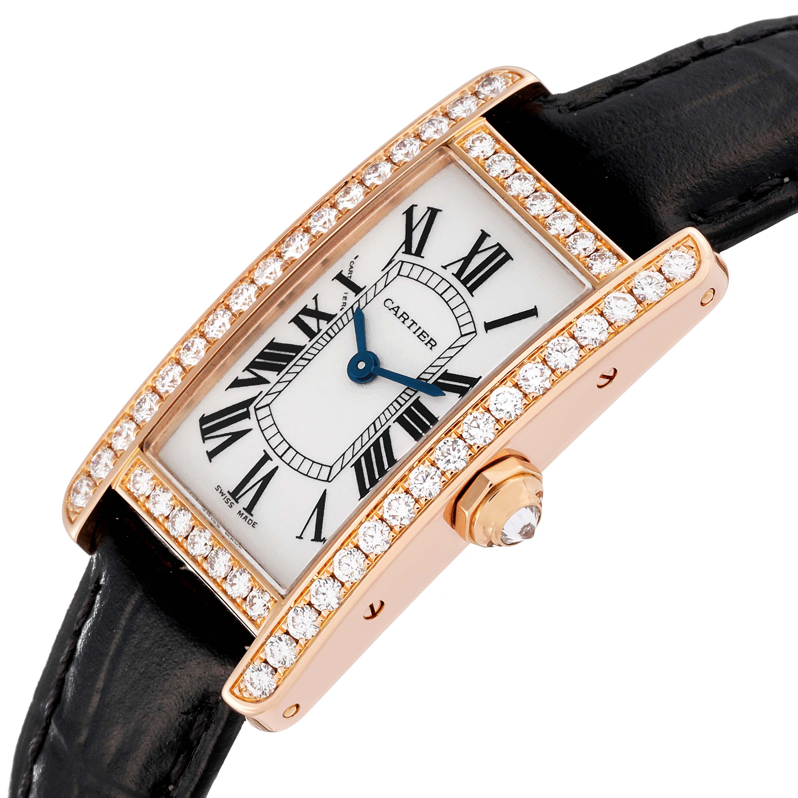 This is an angled view of a Cartier Tank Americaine WJTA0002 Women's Rose Gold Silver Dial WJTA0002 Women's Rose Gold Silver Dial watch showcasing the face, case, bezel, and strap.