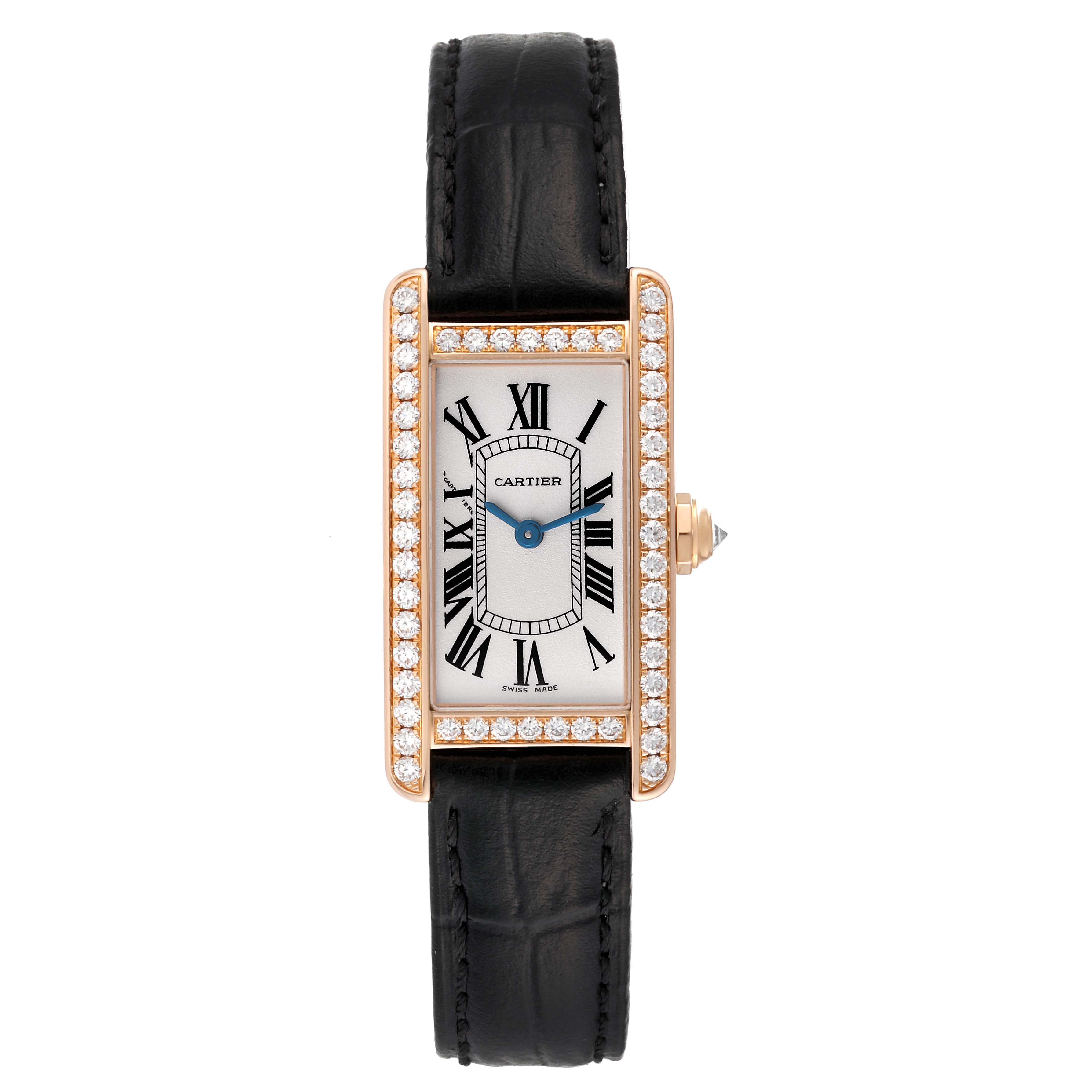 This is a frontal view of the Cartier Tank Americaine WJTA0002 Women's Rose Gold Silver Dial WJTA0002 Women's Rose Gold Silver Dial watch, displaying its face, diamond bezel, crown, and leather strap.
