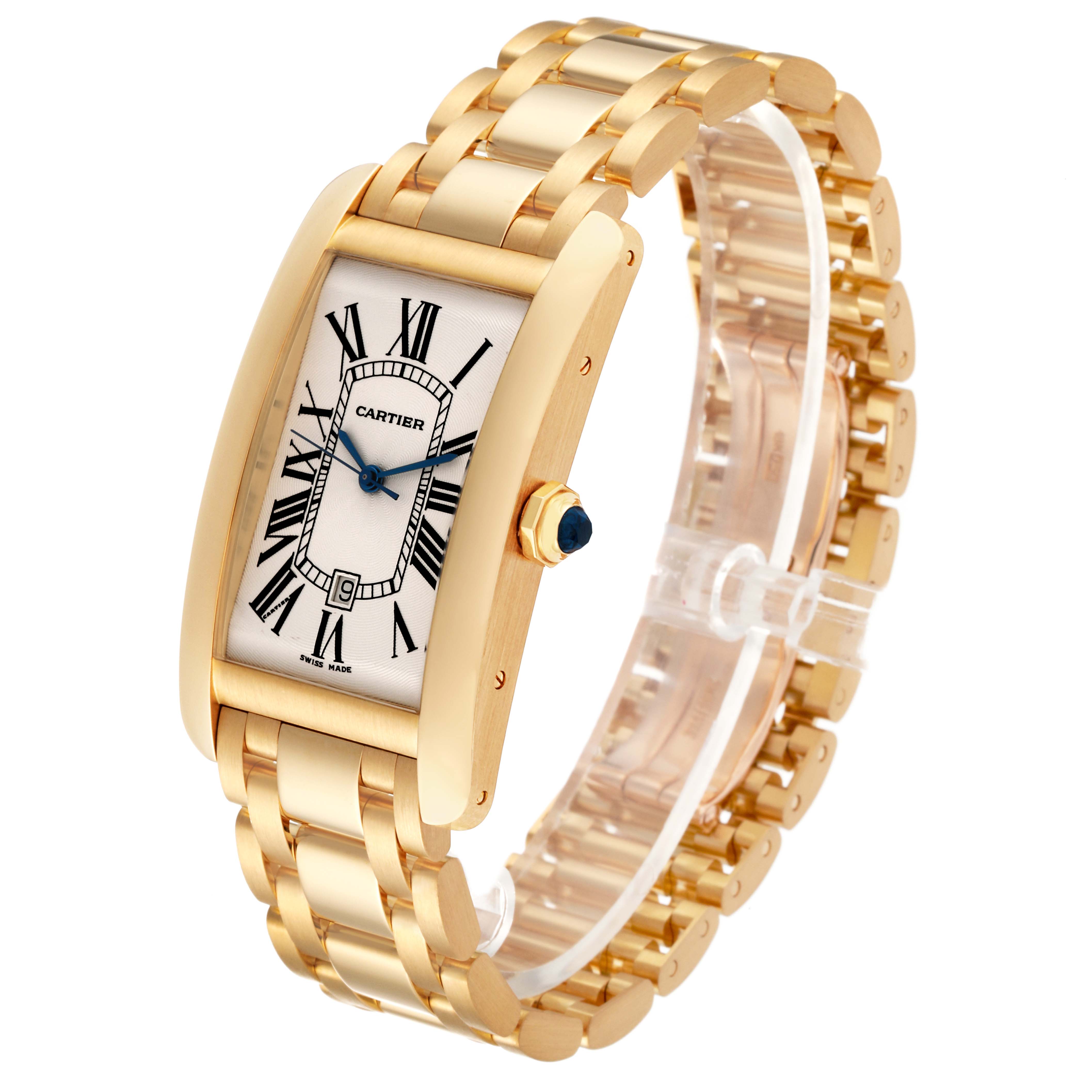 This Cartier Tank Americaine W26054K2 Men's Yellow Gold Silver Dial W26054K2 Men's Yellow Gold Silver Dial watch is shown at an angle highlighting its gold case, rectangular dial, and link bracelet.