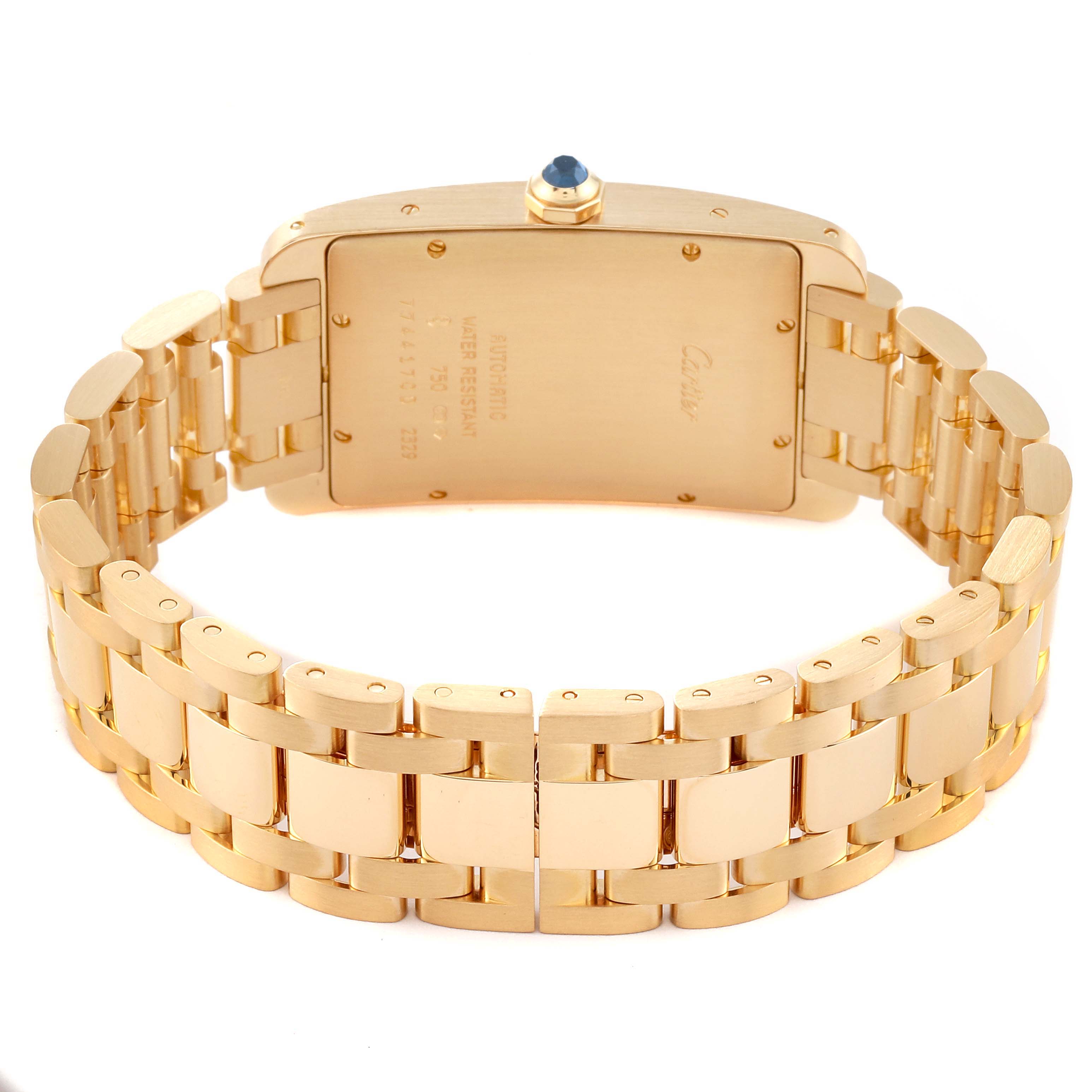 The image shows a rear view of a Cartier Tank Américaine watch, highlighting the back of the case and the gold bracelet.