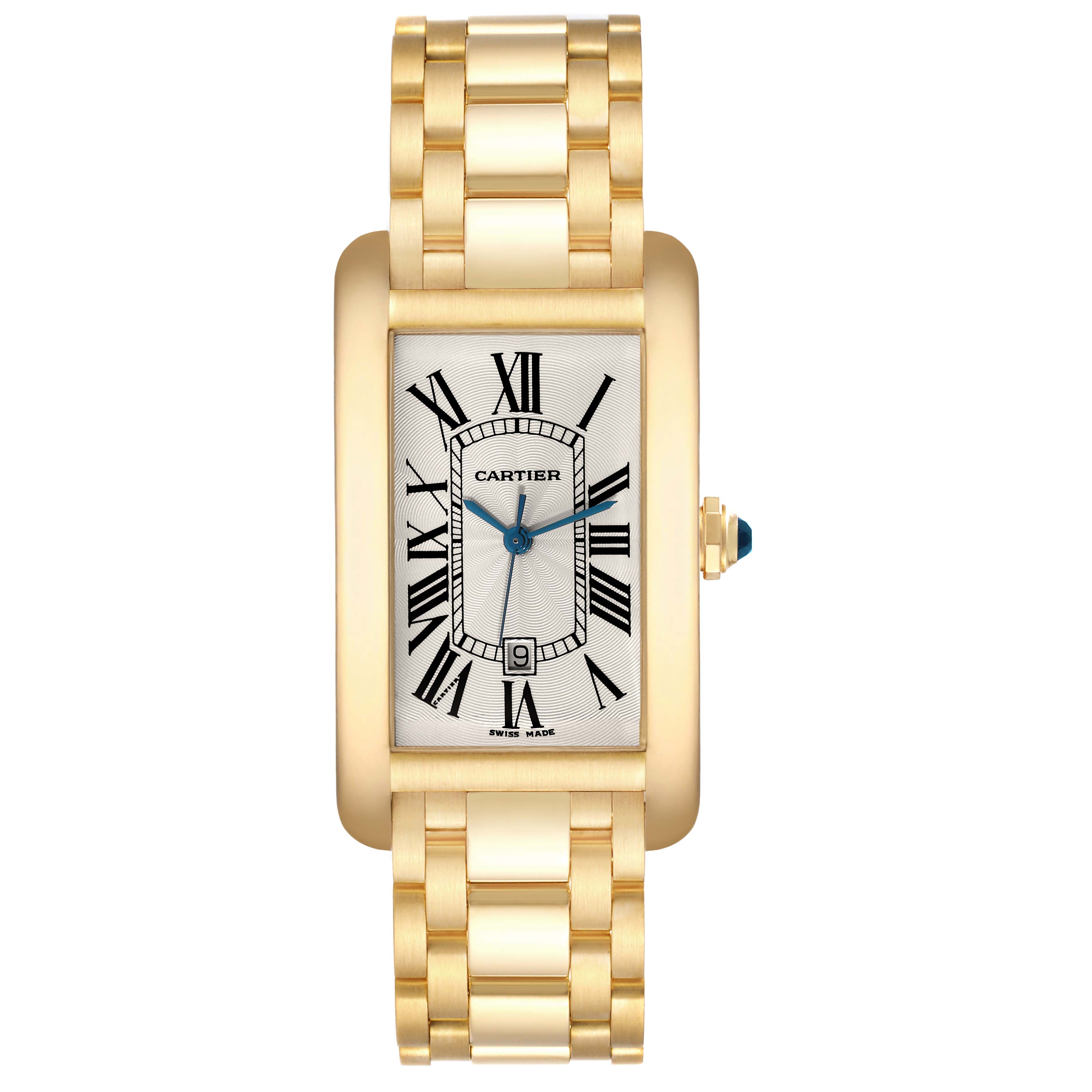 The image shows a frontal view of a Cartier Tank Americaine W26054K2 Men's Yellow Gold Silver Dial W26054K2 Men's Yellow Gold Silver Dial watch with a gold band and rectangular face.