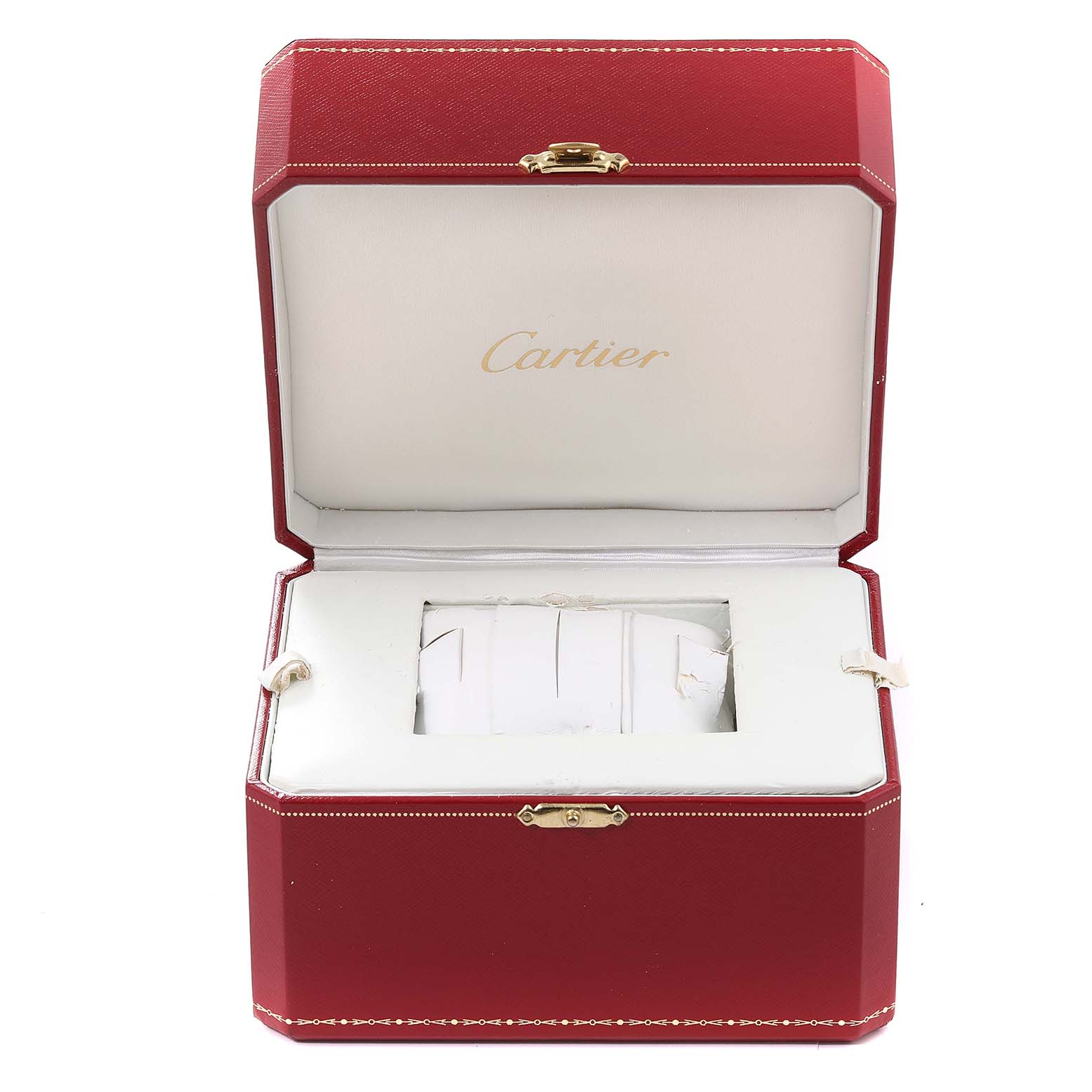 The image shows an open box for a Cartier Tank Américaine watch with white interior and red exterior.