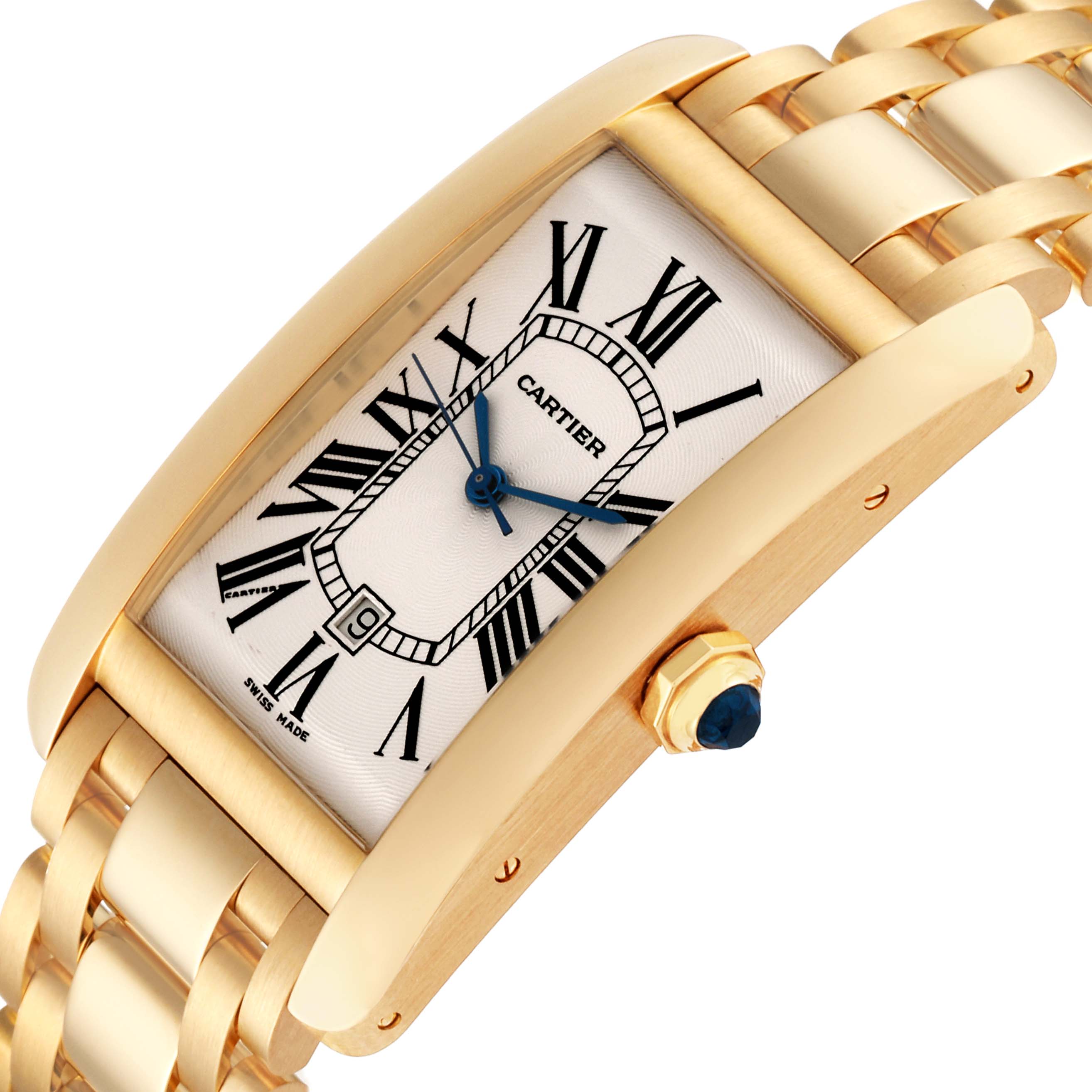 This Tank Americaine model by Cartier is shown at an angled close-up, highlighting the case, dial, and part of the bracelet.