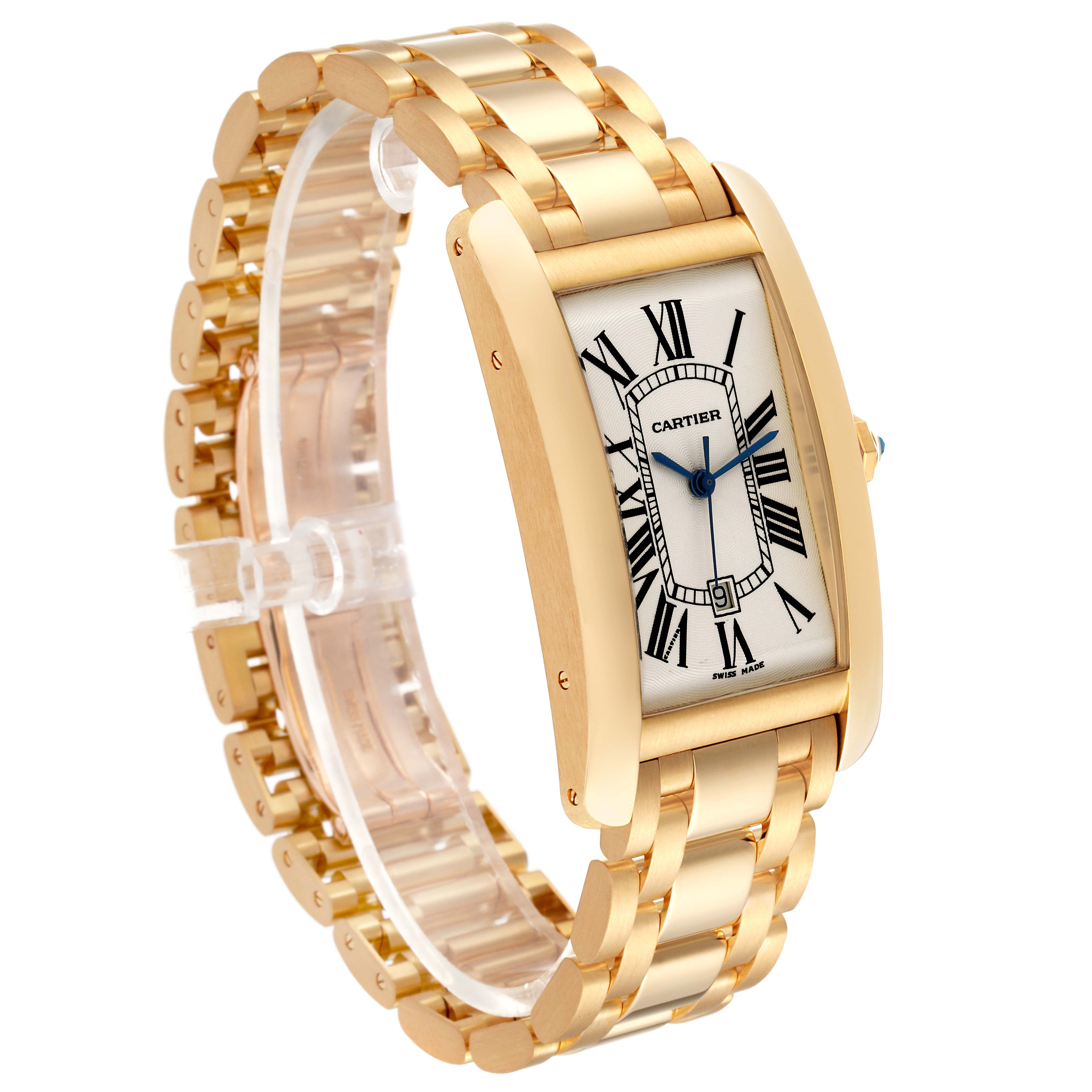This Cartier Tank Americaine W26054K2 Men's Yellow Gold Silver Dial W26054K2 Men's Yellow Gold Silver Dial watch is shown at an angle, displaying its gold bracelet, rectangular case, and Roman numeral dial.