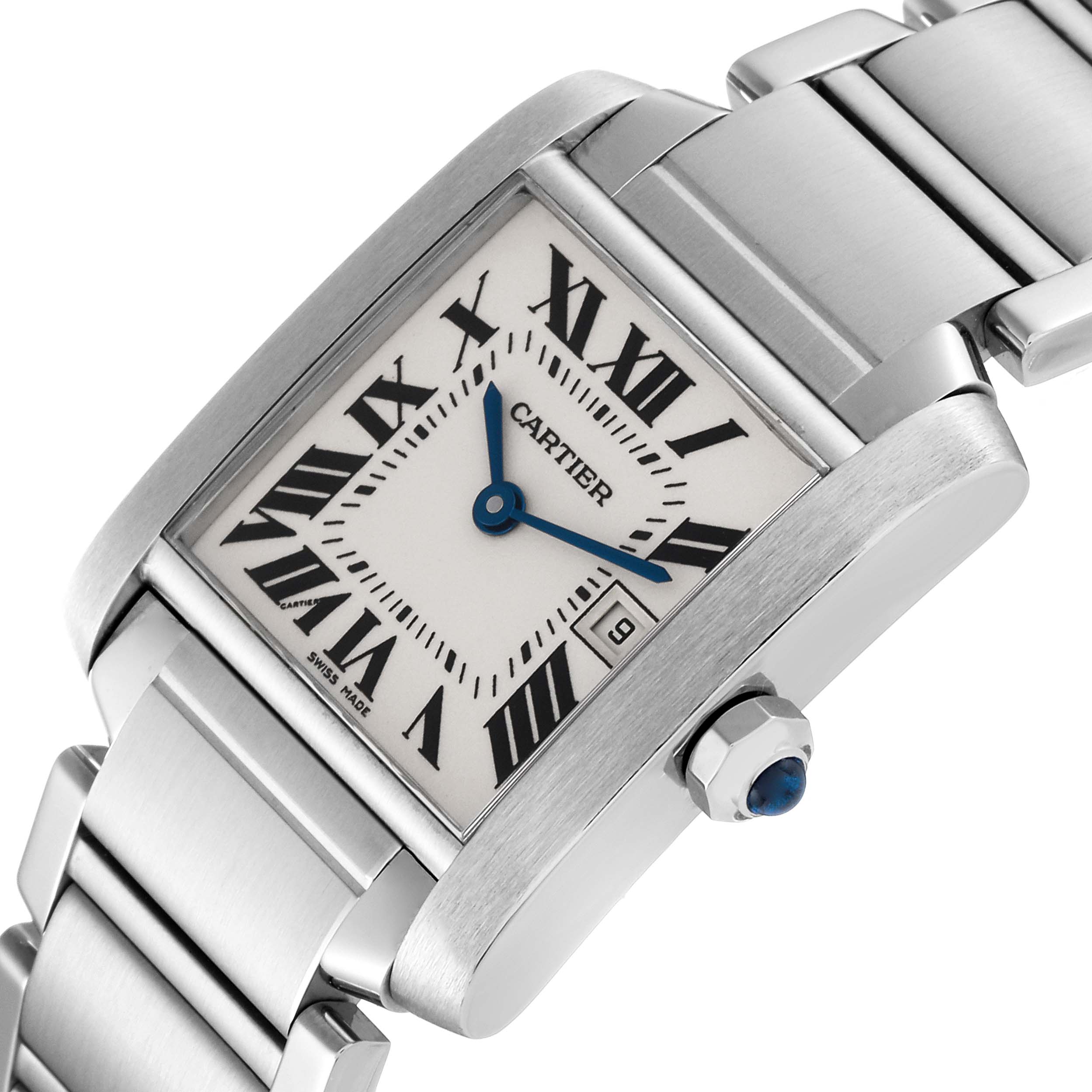 This image shows a close-up of the Cartier Tank Francaise W51011Q3 Women's Stainless Steel Silver Dial W51011Q3 Women's Stainless Steel Silver Dial watch, highlighting the face, Roman numerals, hands, and part of the bracelet.