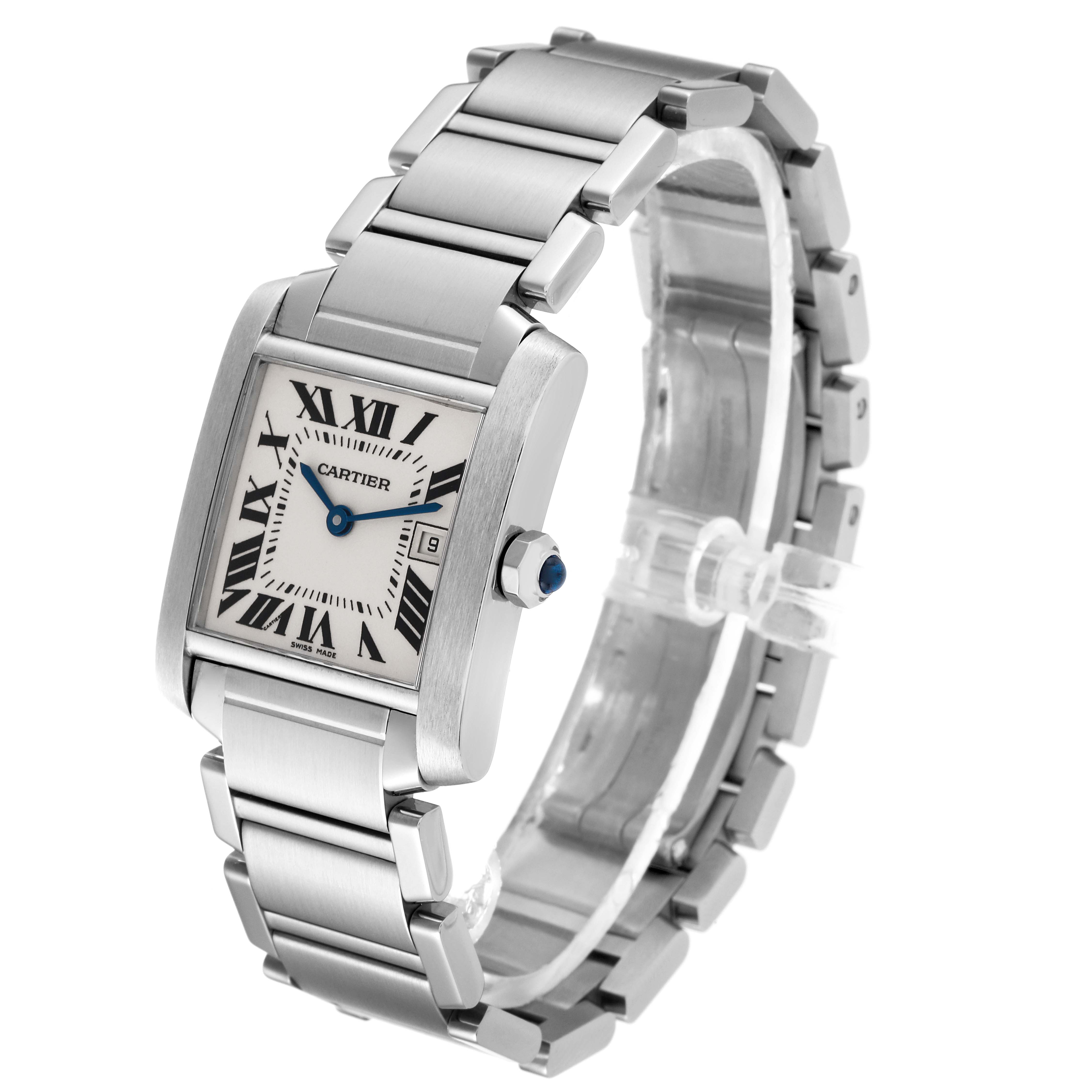 The image shows a Cartier Tank Francaise W51011Q3 Women's Stainless Steel Silver Dial W51011Q3 Women's Stainless Steel Silver Dial watch at a slight angle, highlighting its rectangular face, metal band, and bezelled crown.