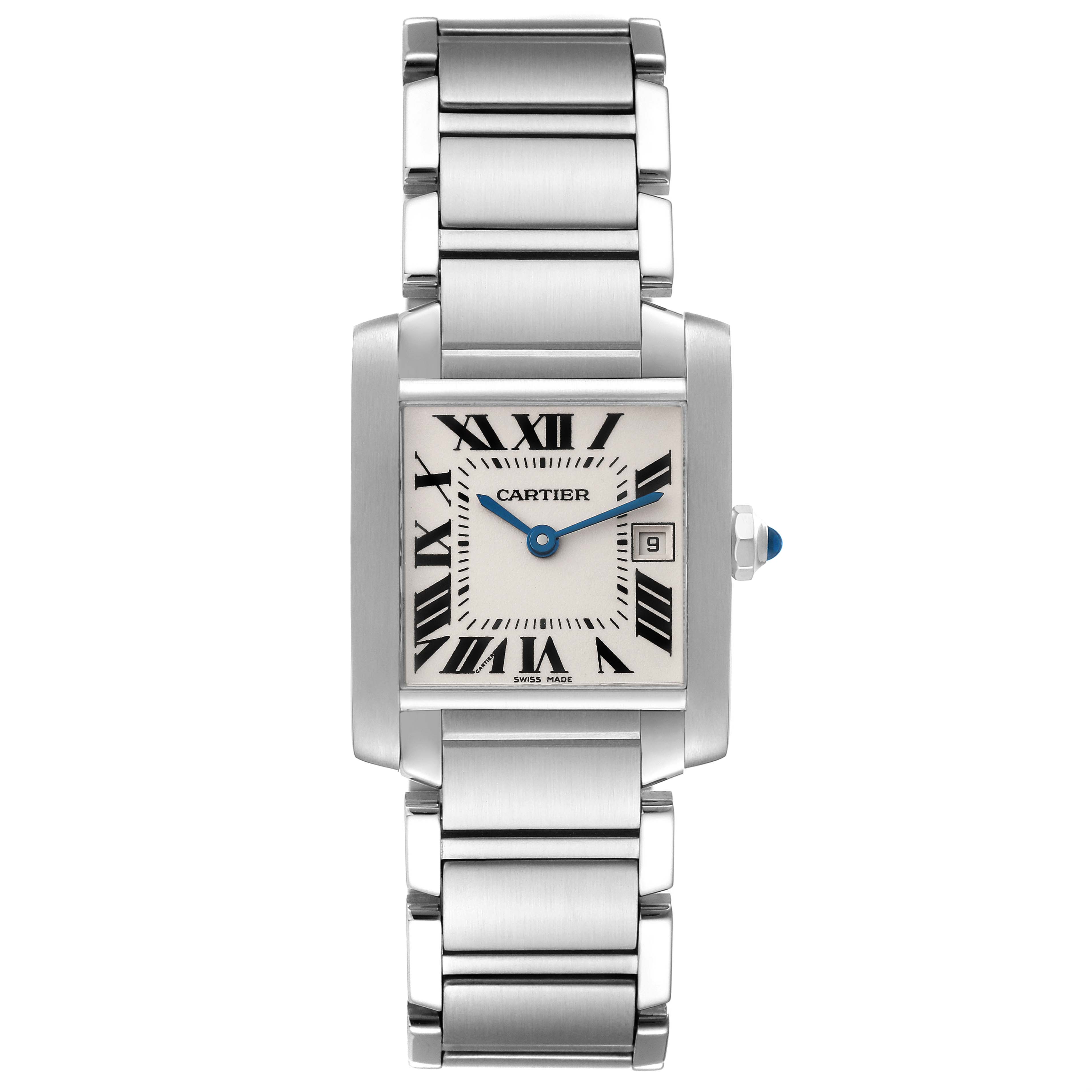 The Cartier Tank Francaise W51011Q3 Women's Stainless Steel Silver Dial W51011Q3 Women's Stainless Steel Silver Dial watch is shown from the front, displaying its face, bracelet, and crown.