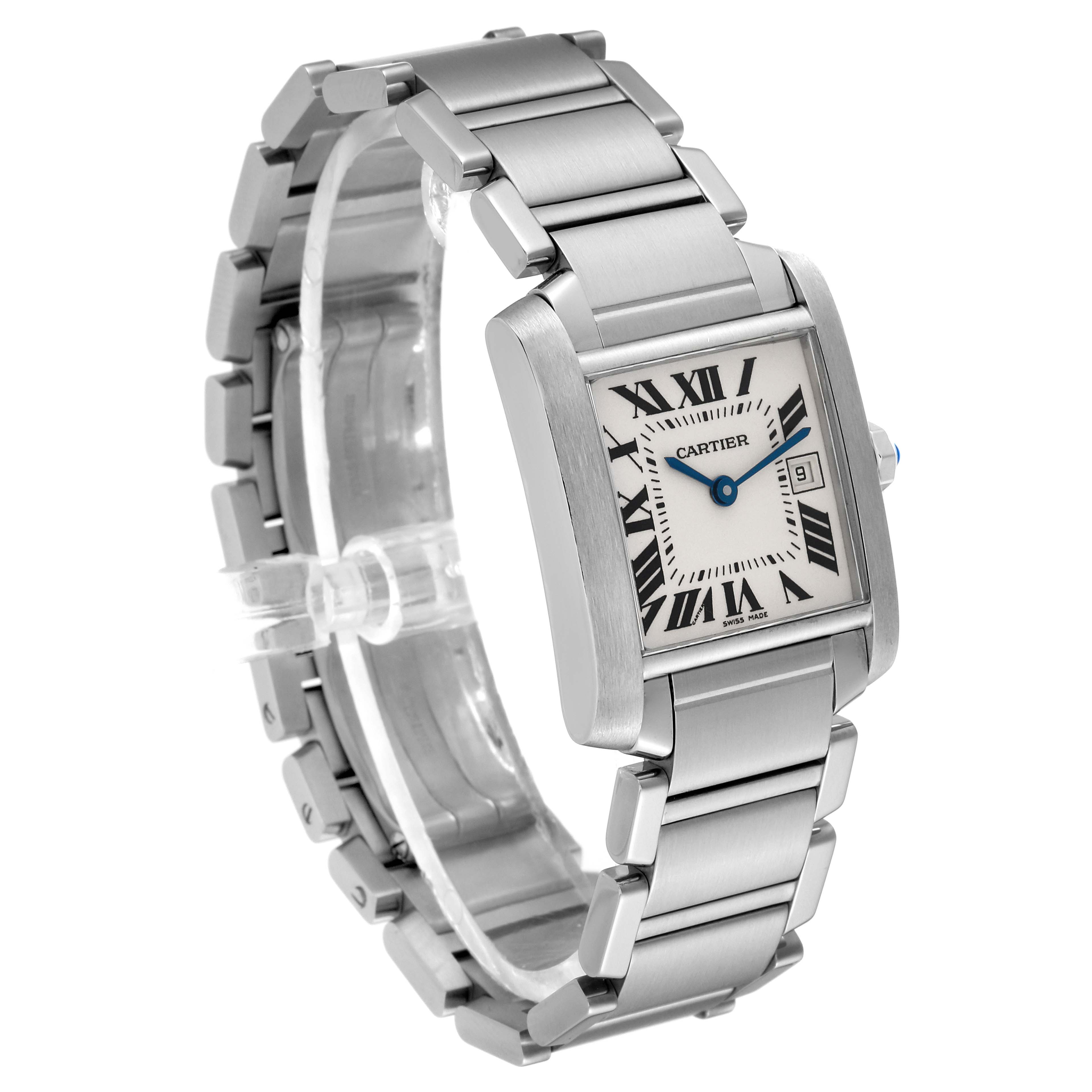 The image shows a Cartier Tank Francaise W51011Q3 Women's Stainless Steel Silver Dial W51011Q3 Women's Stainless Steel Silver Dial watch at a three-quarter angle, highlighting its stainless steel bracelet and rectangular face.