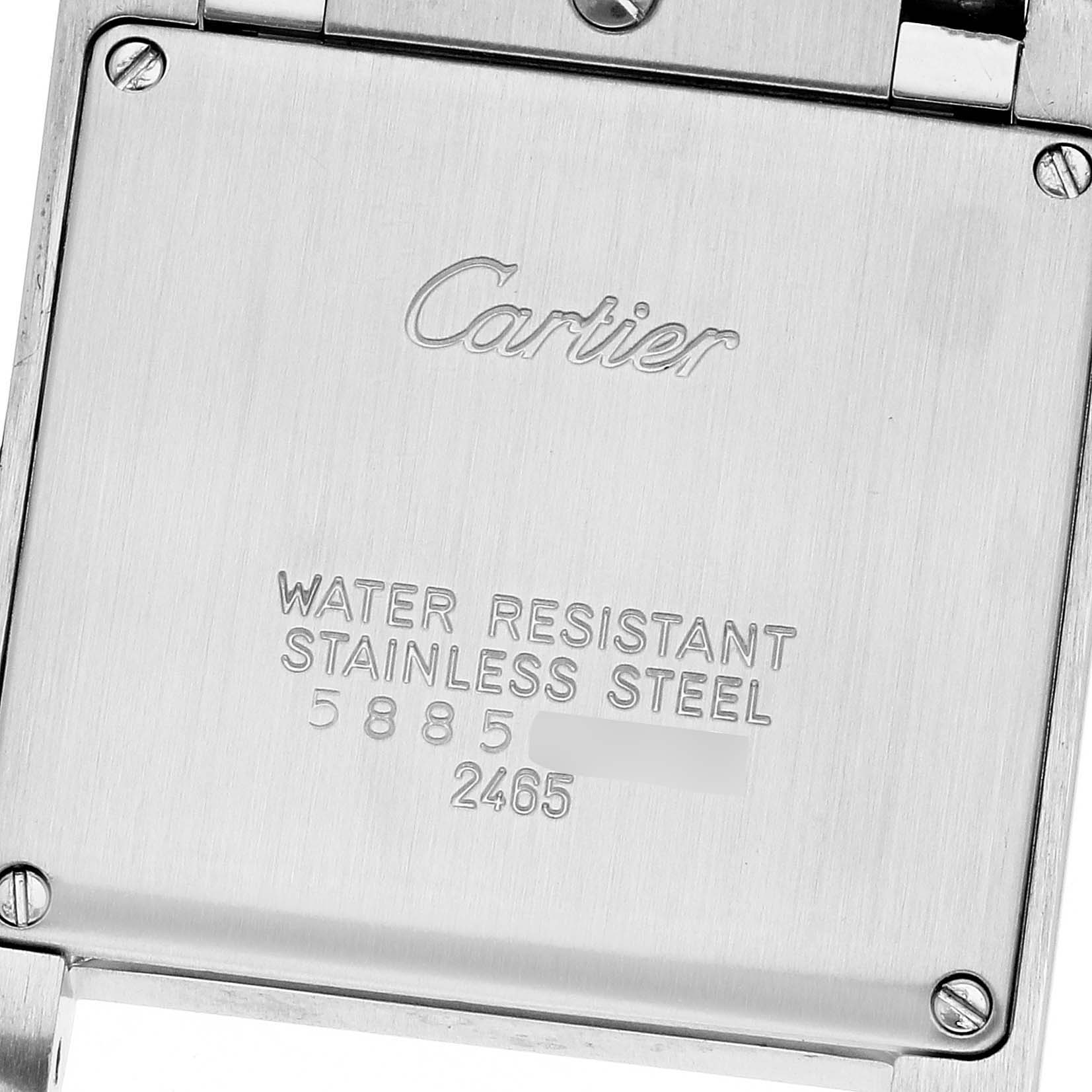 This image shows the back of a Cartier Tank Francaise W51011Q3 Women's Stainless Steel Silver Dial W51011Q3 Women's Stainless Steel Silver Dial watch, displaying the brand name, model number, and material information.
