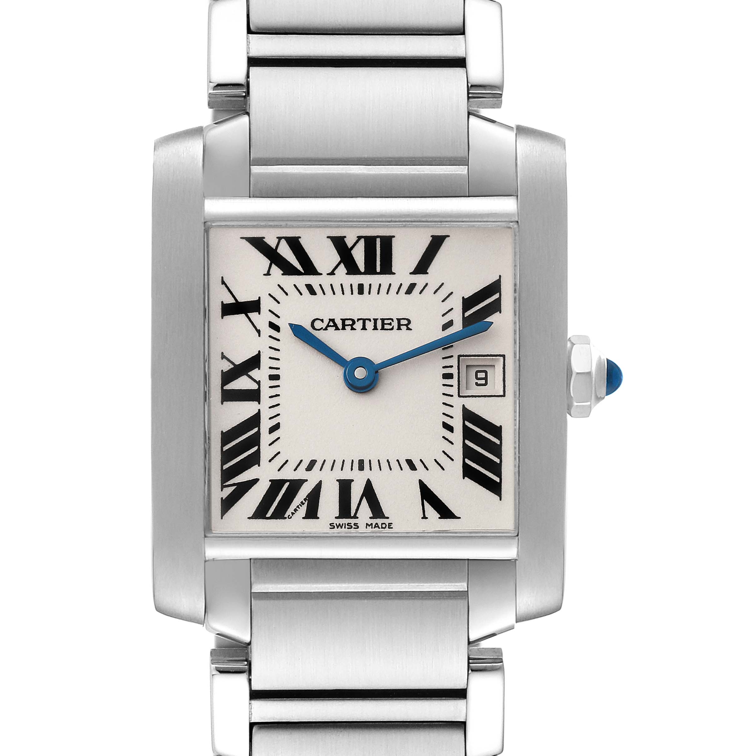 This image shows a front view of the Cartier Tank Française watch, featuring its dial, hands, date window, and part of the bracelet.