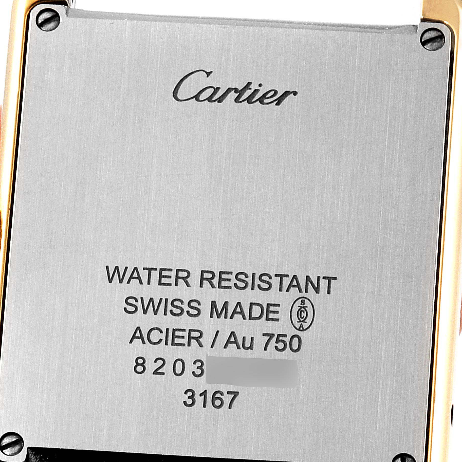 The image shows the back case of a Tank Solo watch by Cartier, highlighting its material and water resistance details.