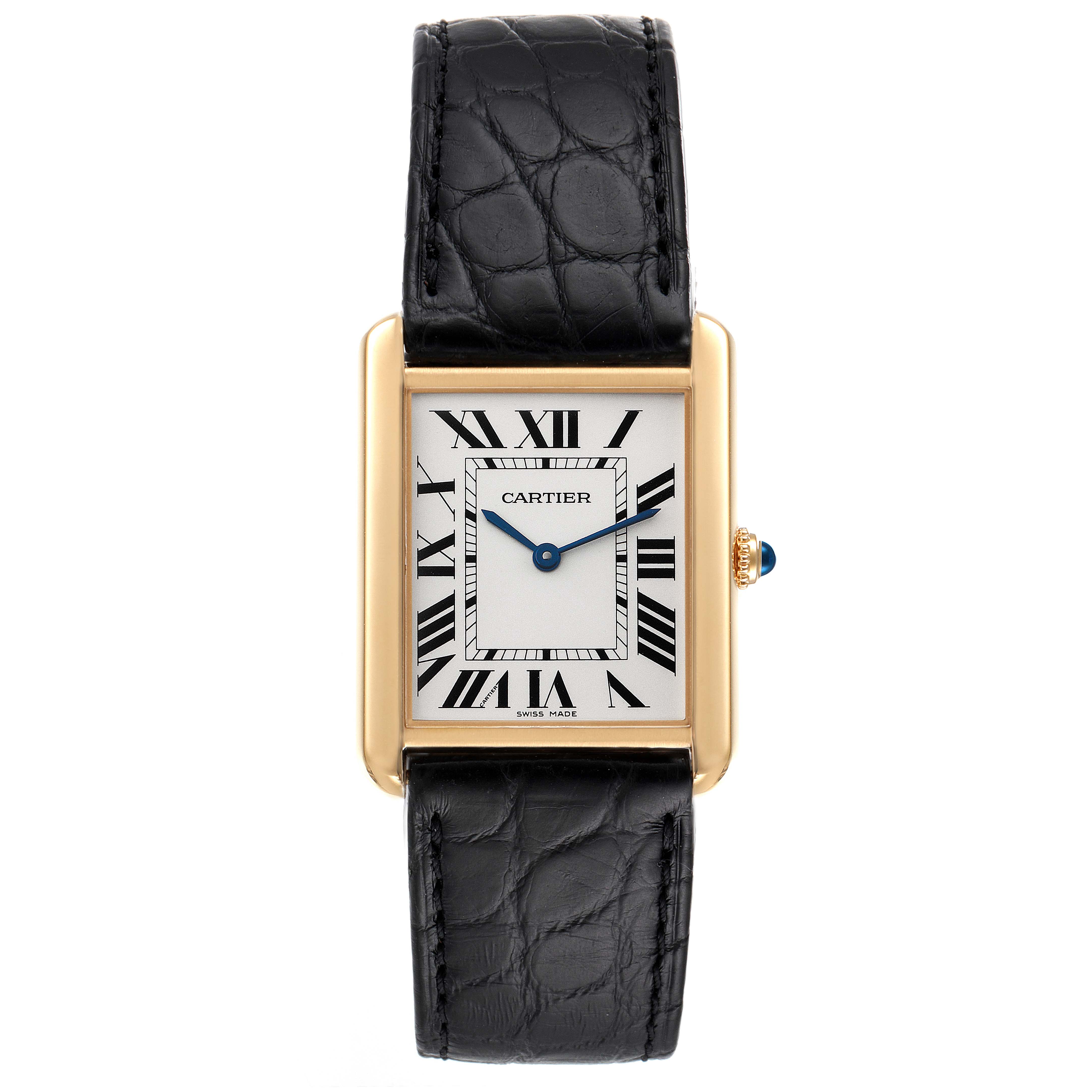 The Cartier Tank Solo W5200004 Men's Yellow Gold Silver Dial W5200004 Men's Yellow Gold Silver Dial watch is shown from a top-down angle, displaying its face, Roman numerals, hands, case, and strap.