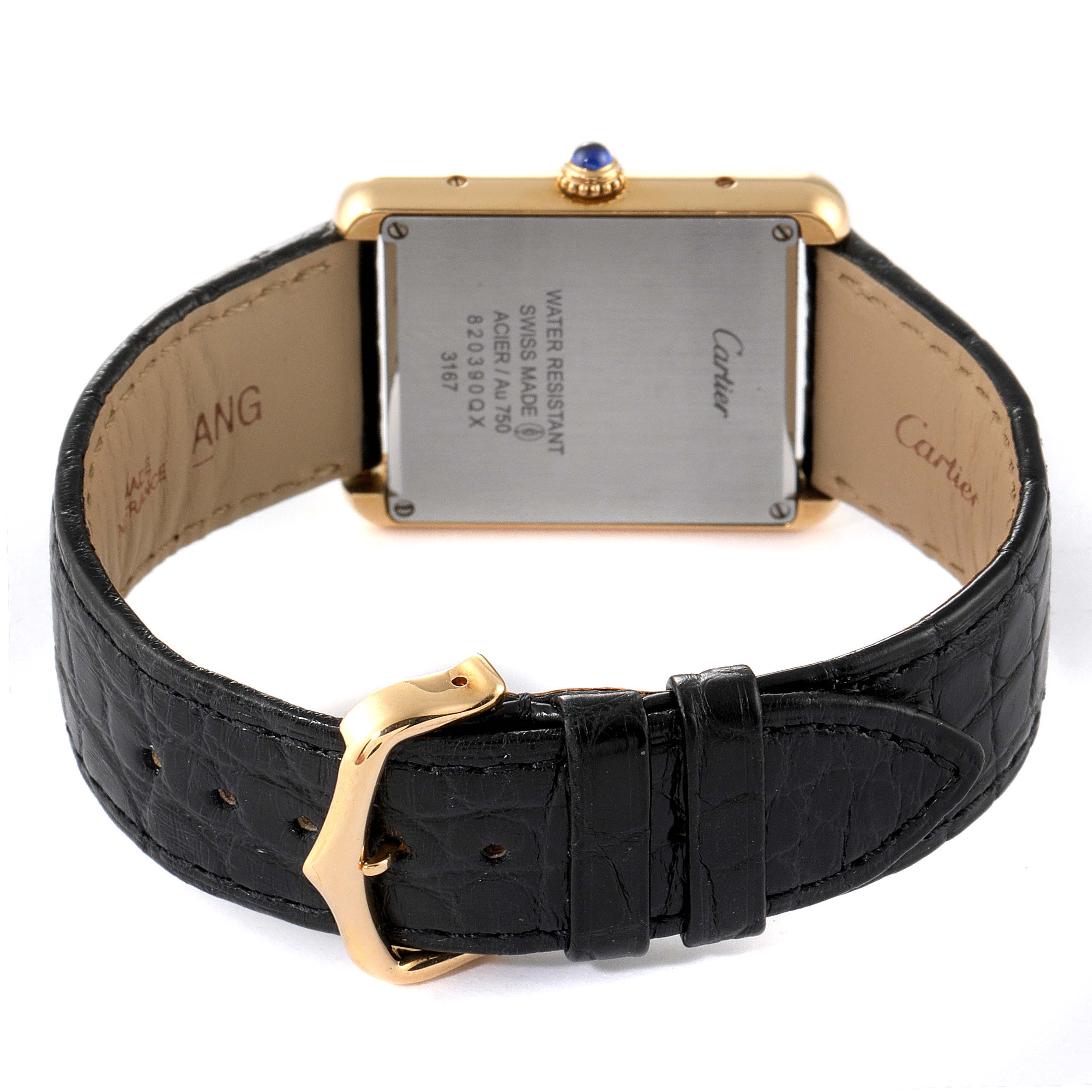 The image shows the back view of a Cartier Tank Solo W5200004 Men's Yellow Gold Silver Dial W5200004 Men's Yellow Gold Silver Dial watch, highlighting its leather strap and case back.