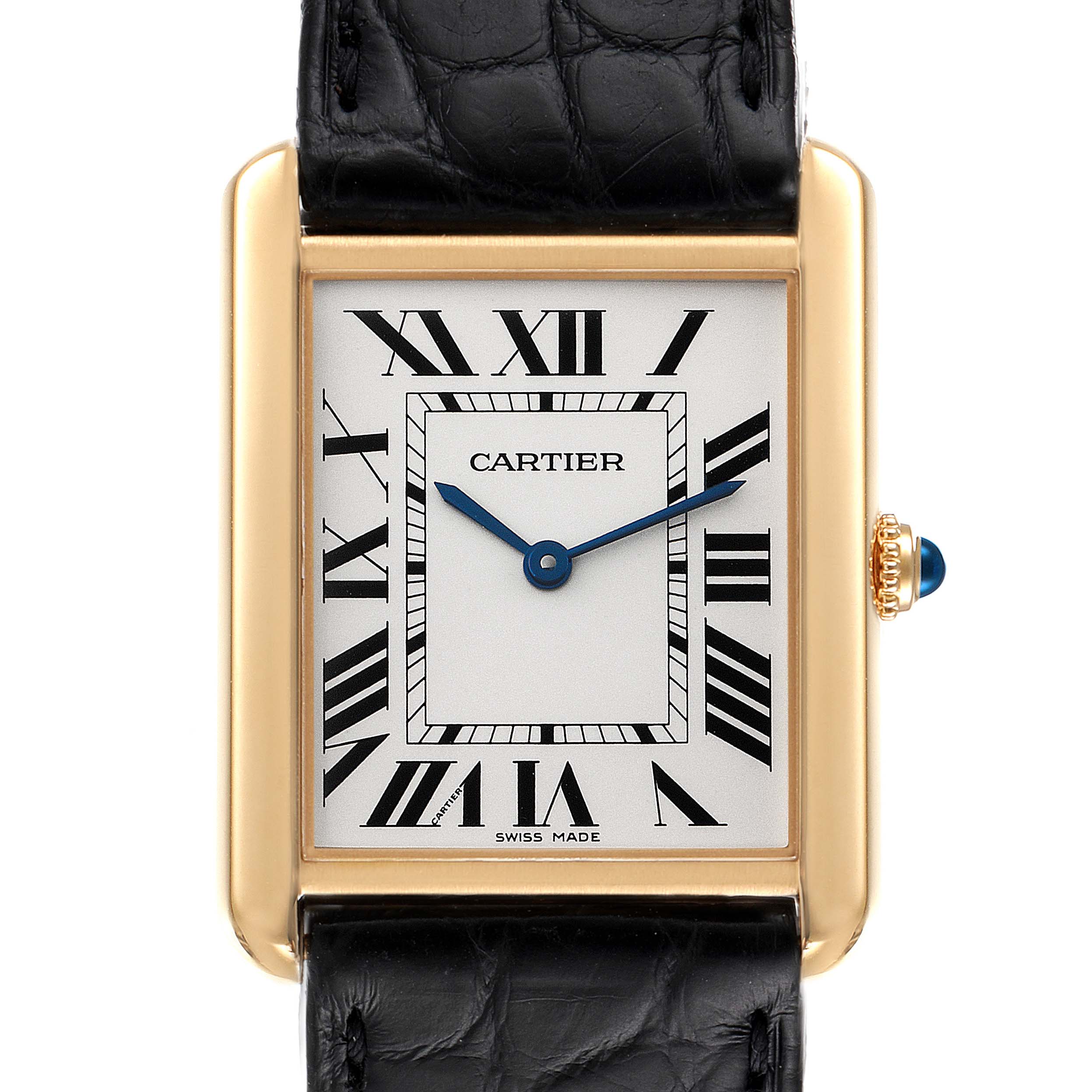 The image shows a front view of the Cartier Tank Solo W5200004 Men's Yellow Gold Silver Dial W5200004 Men's Yellow Gold Silver Dial watch, highlighting the dial, Roman numerals, and blue steel hands.