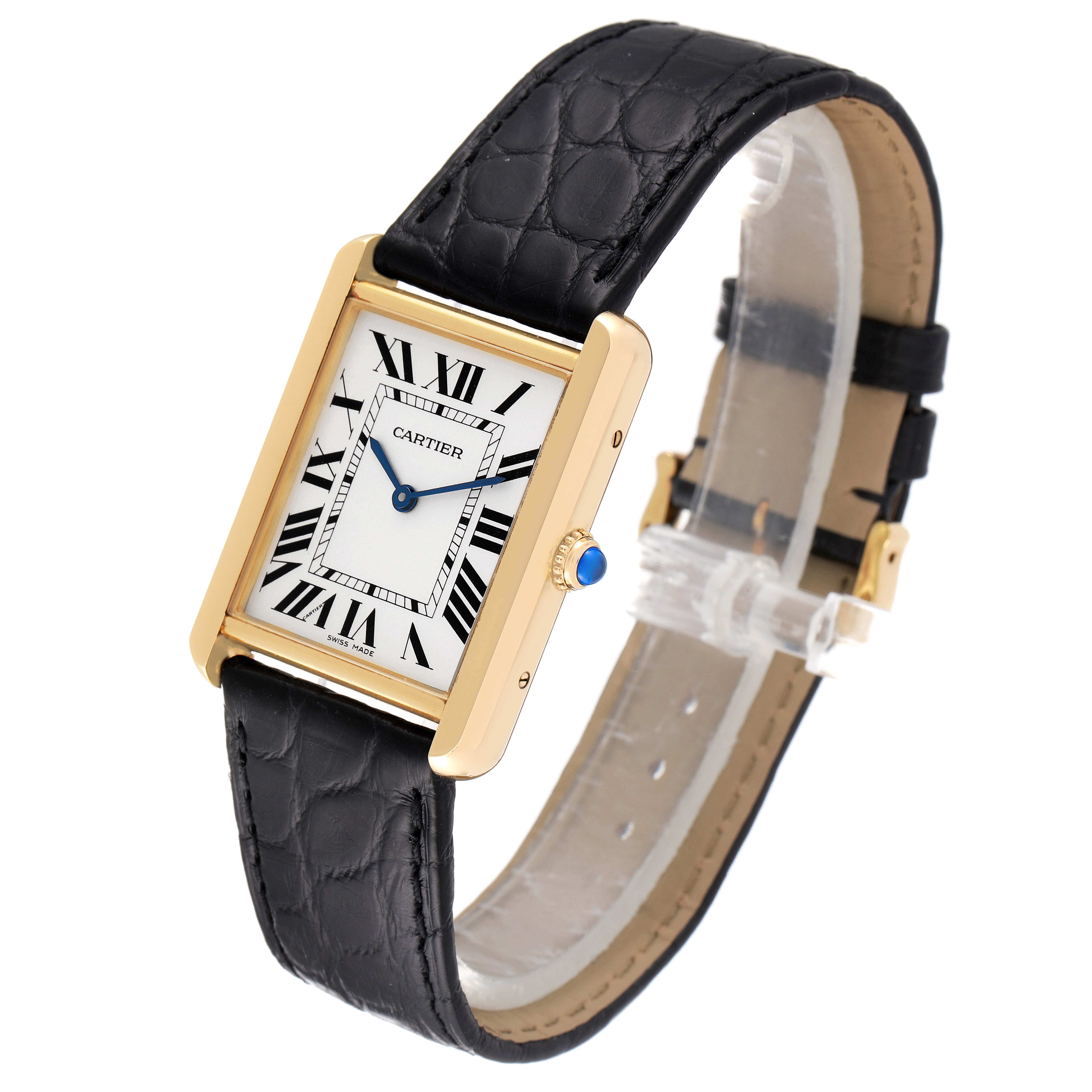 The Cartier Tank Solo W5200004 Men's Yellow Gold Silver Dial W5200004 Men's Yellow Gold Silver Dial watch is shown at a slight angle, displaying its rectangular face, black leather strap, and gold casing.