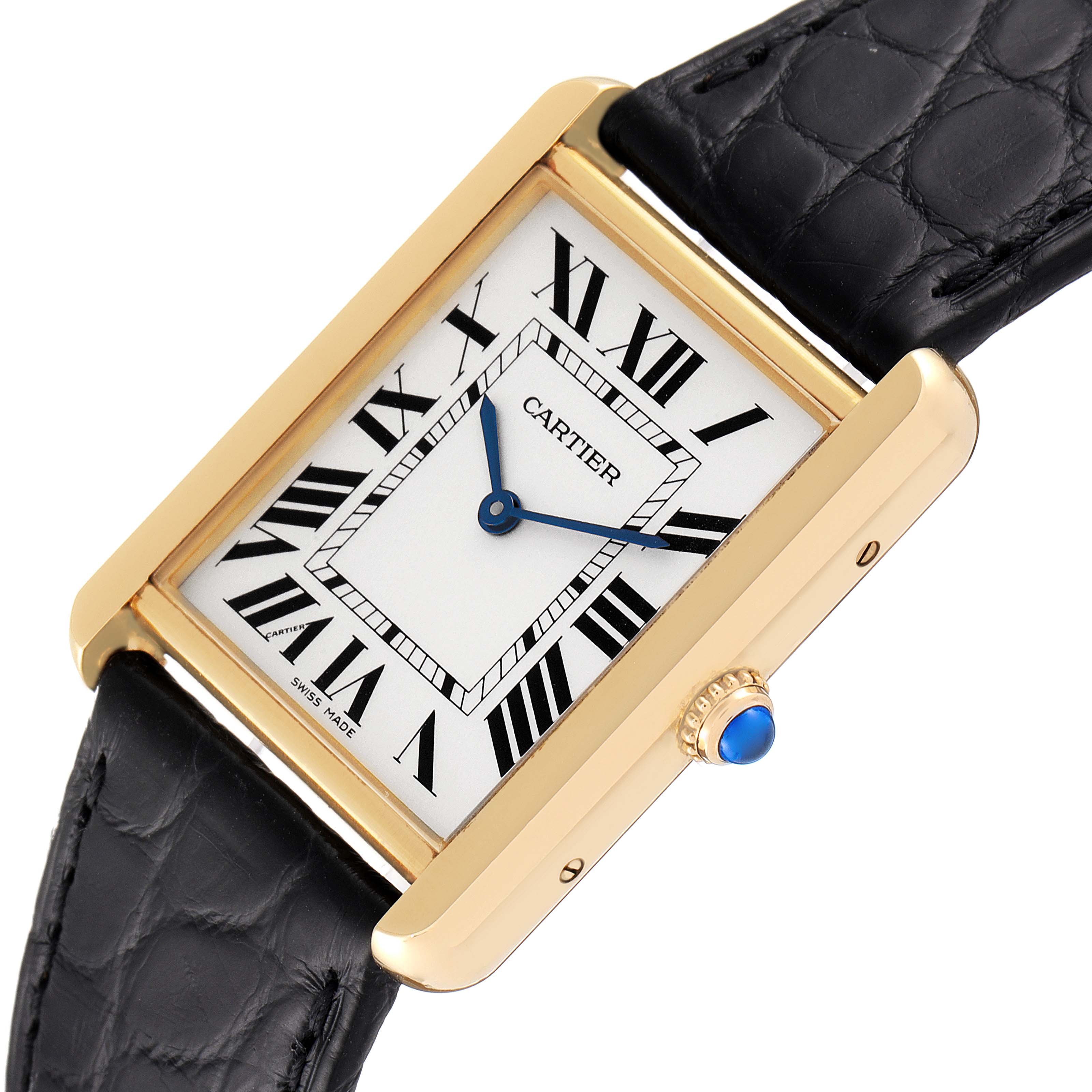 The image shows a Cartier Tank Solo W5200004 Men's Yellow Gold Silver Dial W5200004 Men's Yellow Gold Silver Dial watch from a top angle, highlighting its face, Roman numerals, gold case, and black leather strap.