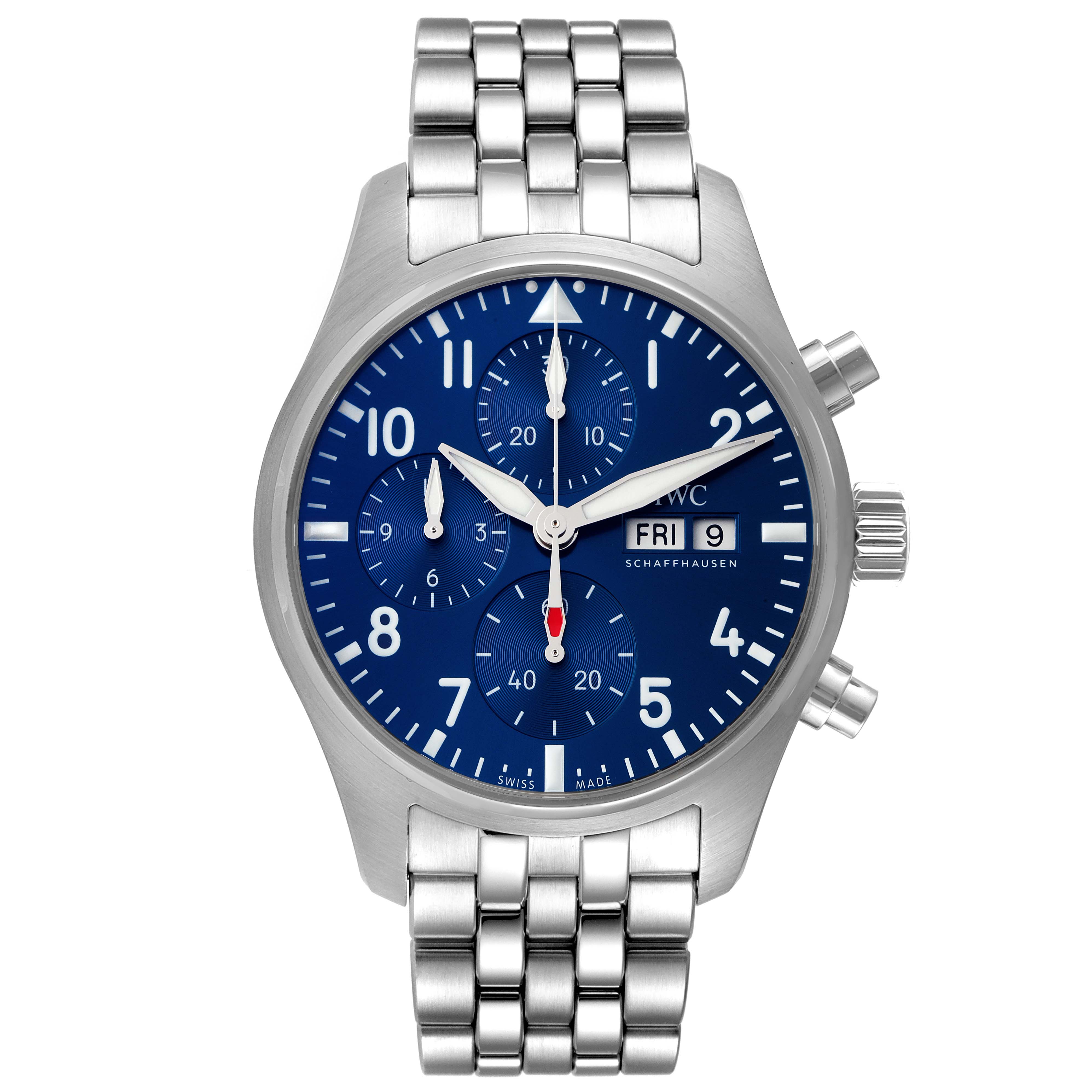 The IWC Pilot IW388102 Men's Stainless Steel Blue Dial IW388102 Men's Stainless Steel Blue Dial model watch is shown from a front angle, displaying its blue dial, chronograph subdials, and metal bracelet.