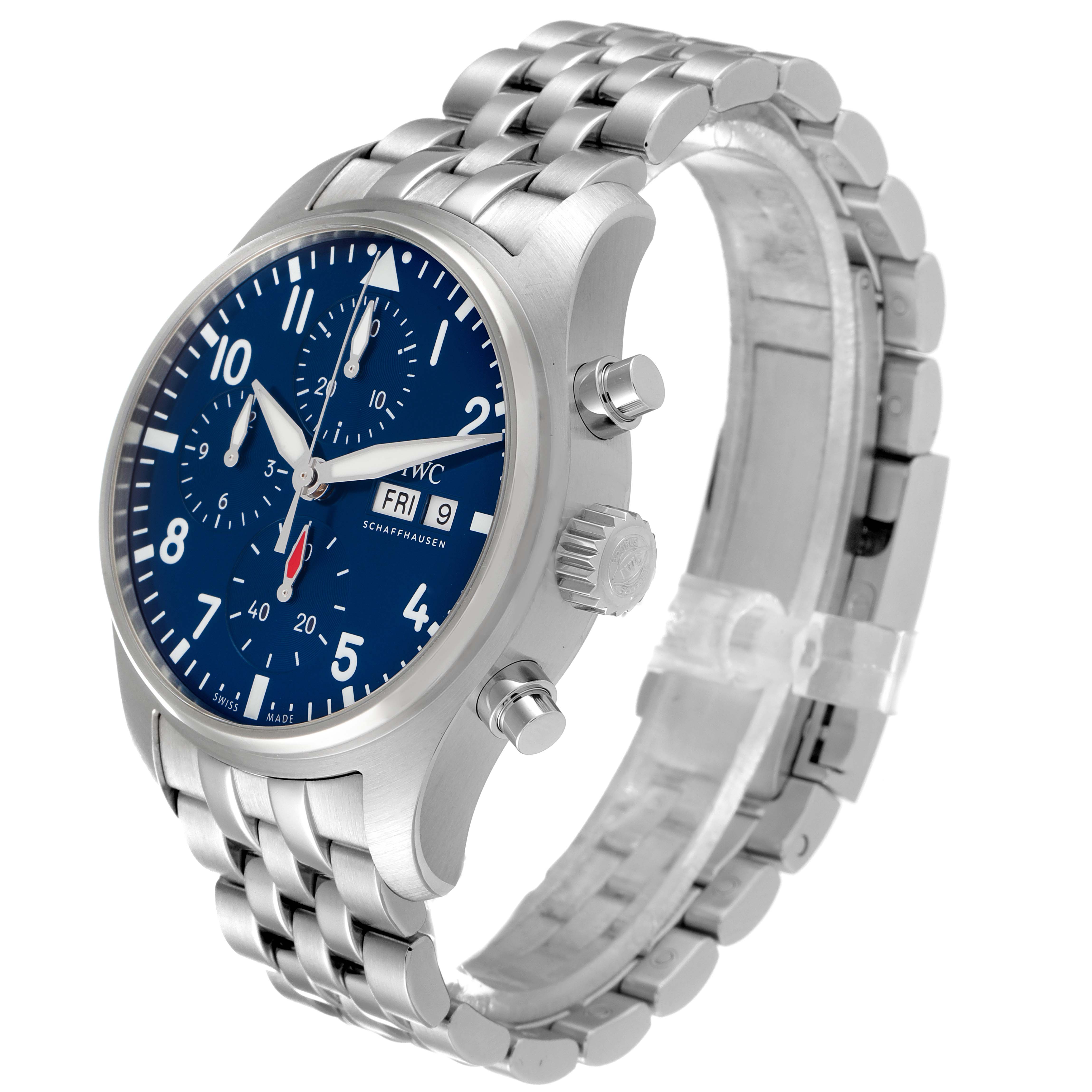 The IWC Pilot IW388102 Men's Stainless Steel Blue Dial IW388102 Men's Stainless Steel Blue Dial model is shown at a three-quarter angle, displaying the watch face, crown, chronograph pushers, and bracelet.