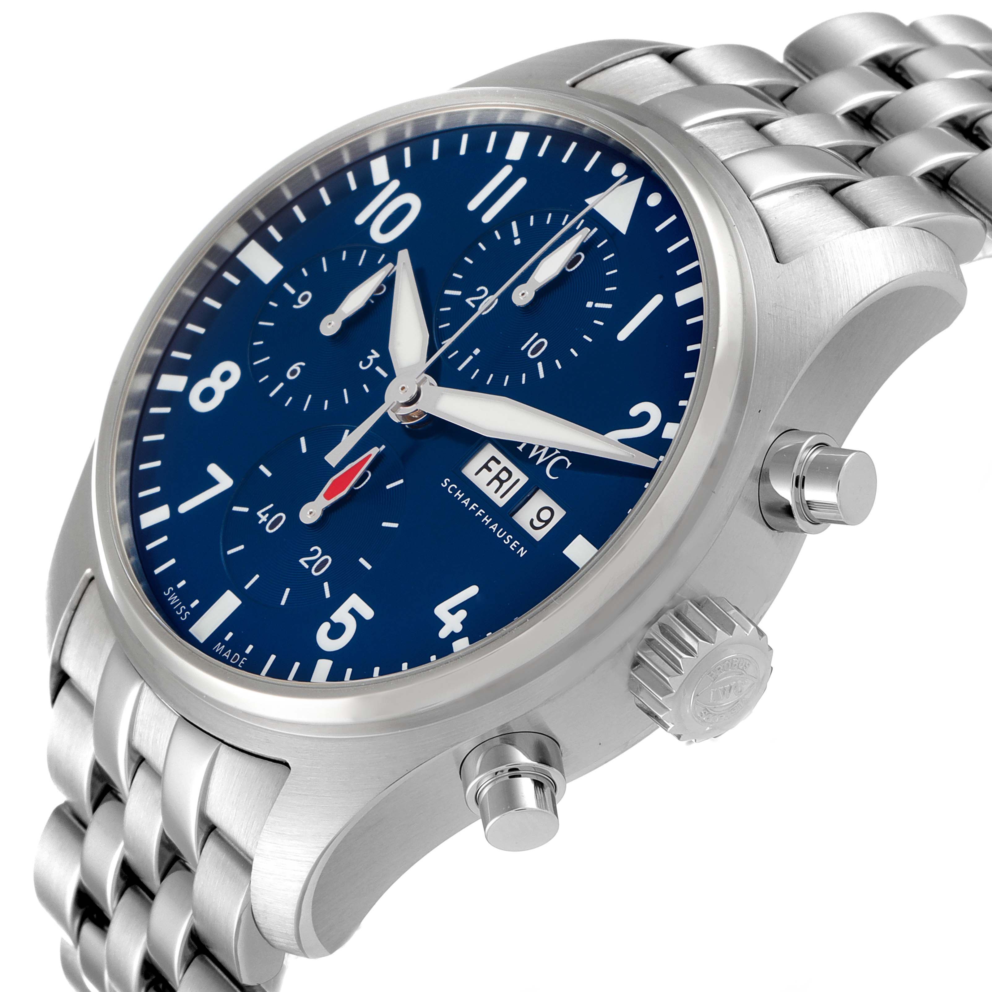 The image shows a side-angle view of the IWC Pilot IW388102 Men's Stainless Steel Blue Dial IW388102 Men's Stainless Steel Blue Dial model watch, highlighting the blue dial, crown, and stainless steel bracelet.