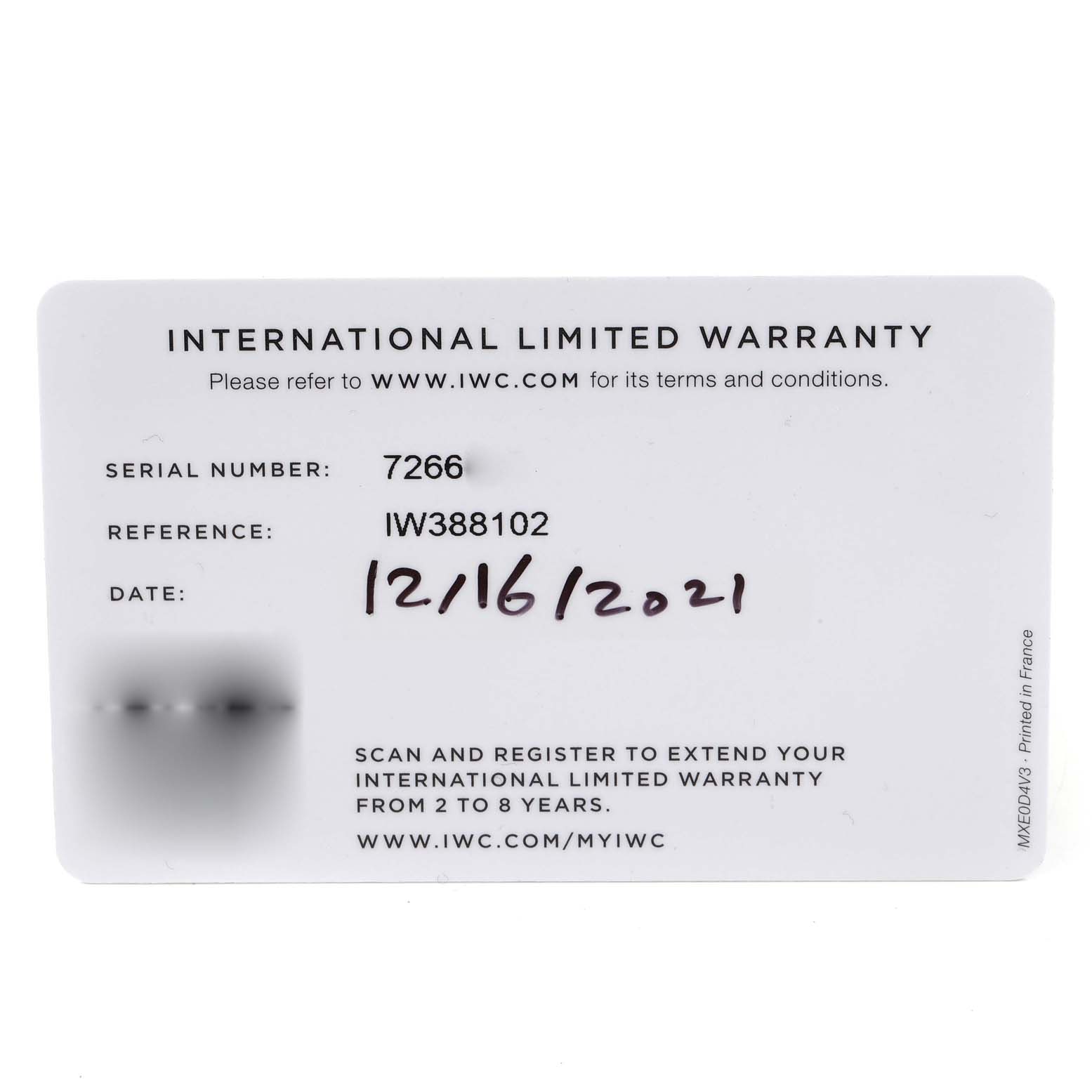 The image shows the International Limited Warranty card for the IWC Pilot IW388102 Men's Stainless Steel Blue Dial IW388102 Men's Stainless Steel Blue Dial model IW388102 watch.