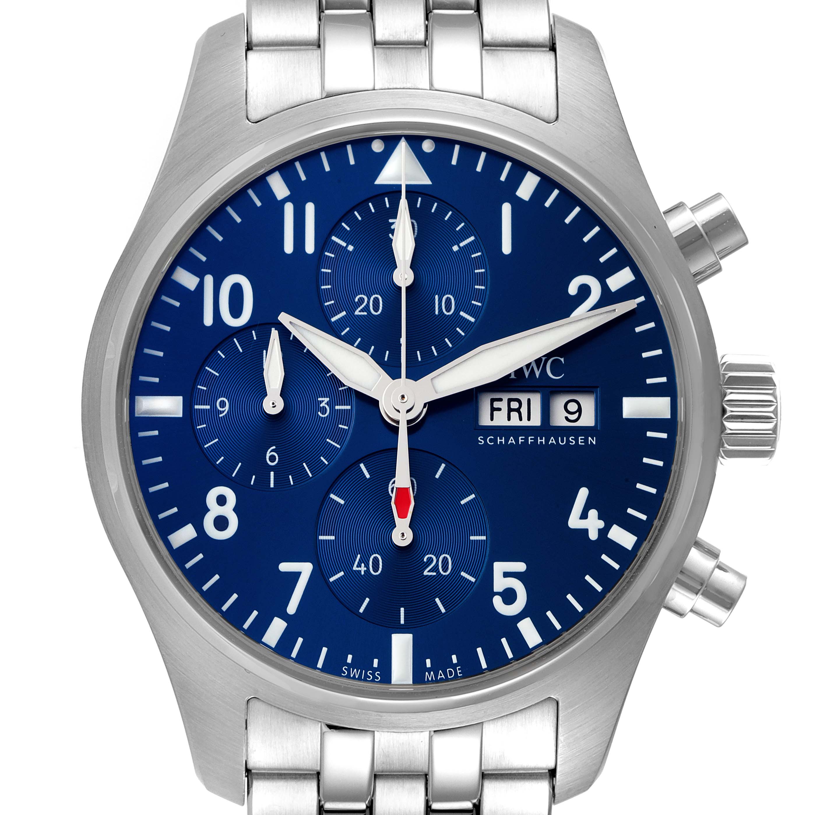 The IWC Pilot IW388102 Men's Stainless Steel Blue Dial IW388102 Men's Stainless Steel Blue Dial model watch is shown from the front at a straight angle, highlighting its blue dial, chronograph subdials, and date display.