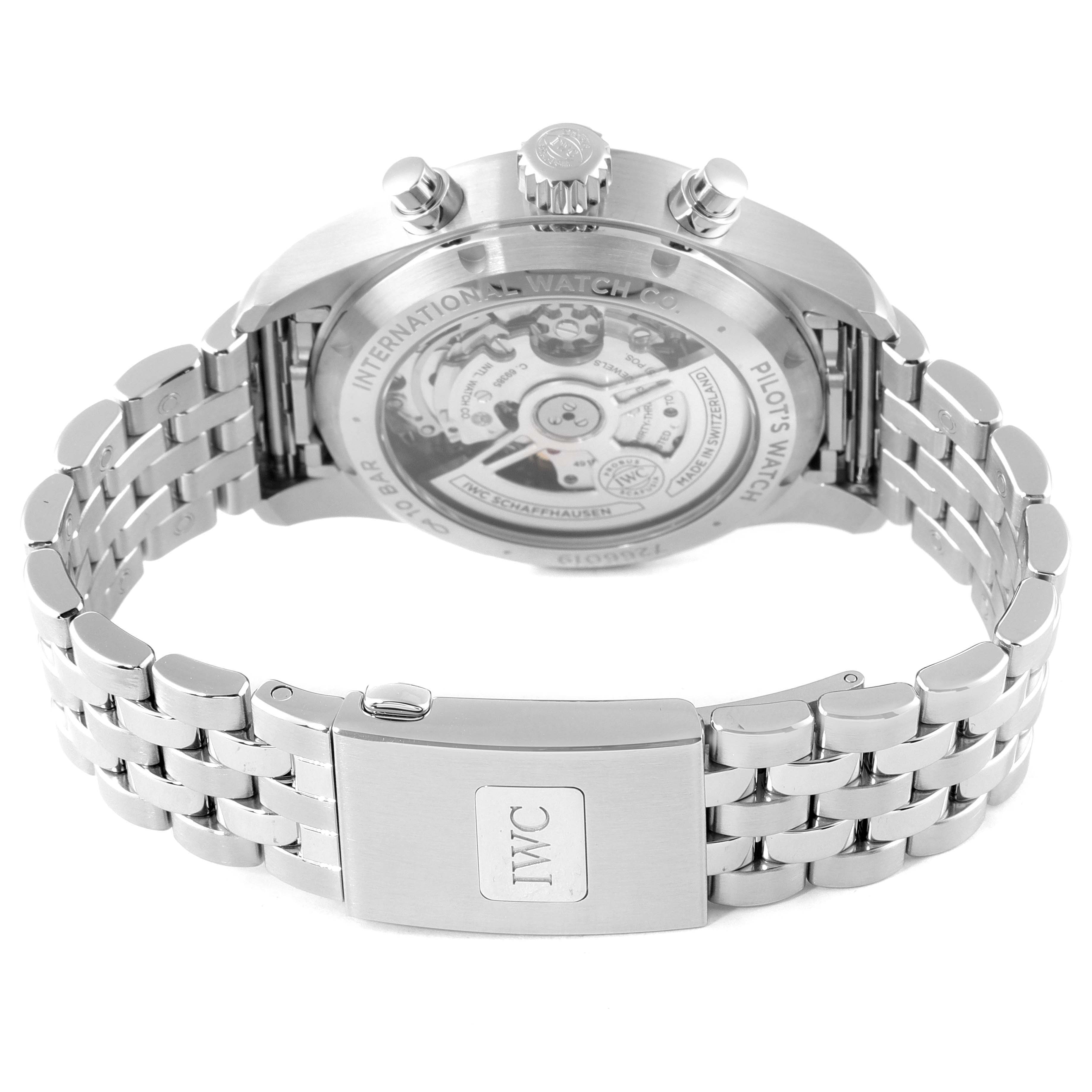 The image shows the back case, crown, and bracelet of an IWC Pilot IW388102 Men's Stainless Steel Blue Dial IW388102 Men's Stainless Steel Blue Dial model watch.