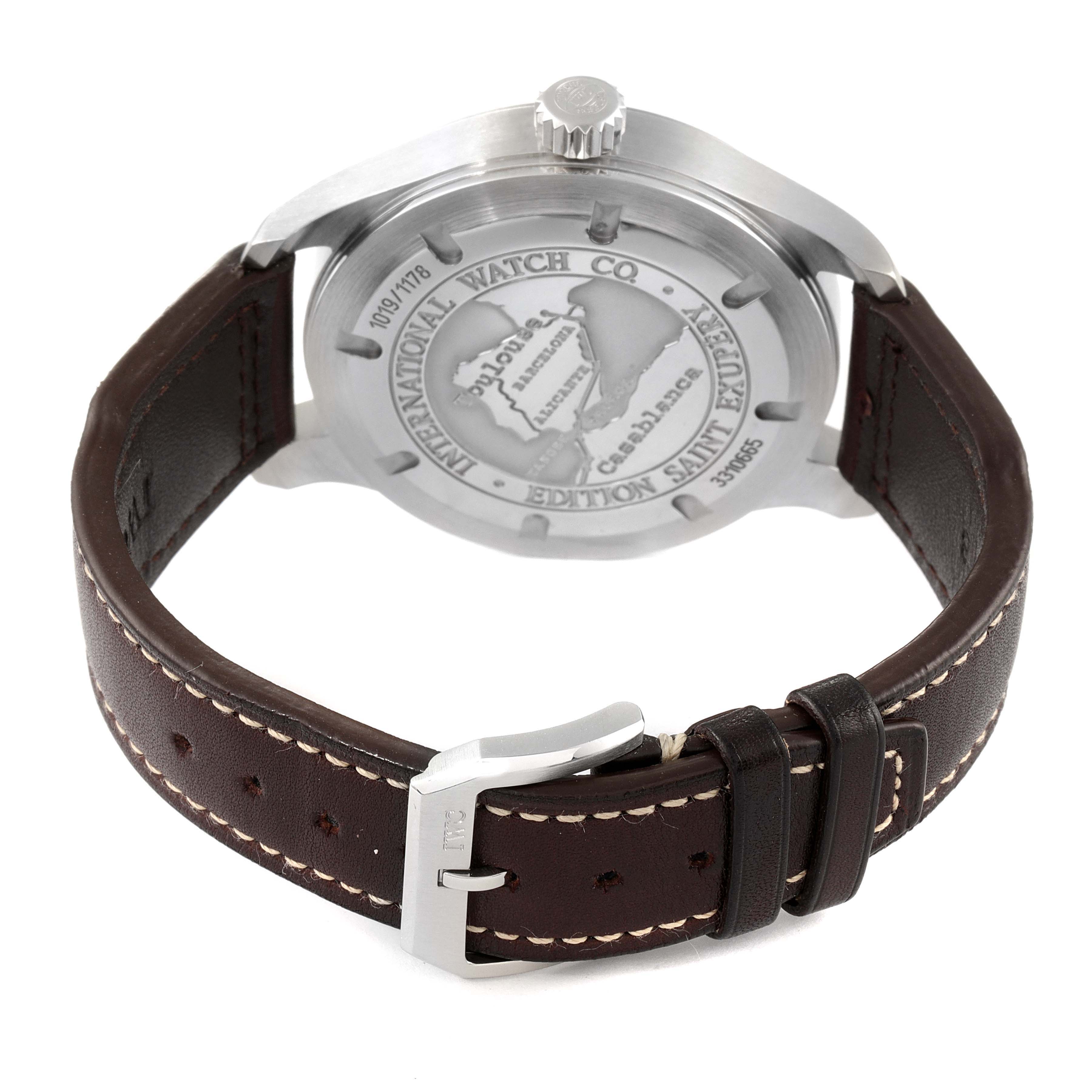 This image shows the back view of the IWC Pilot IW320104 Men's Stainless Steel Brown Dial IW320104 Men's Stainless Steel Brown Dial model watch, highlighting the case back, crown, and leather strap with stitching.