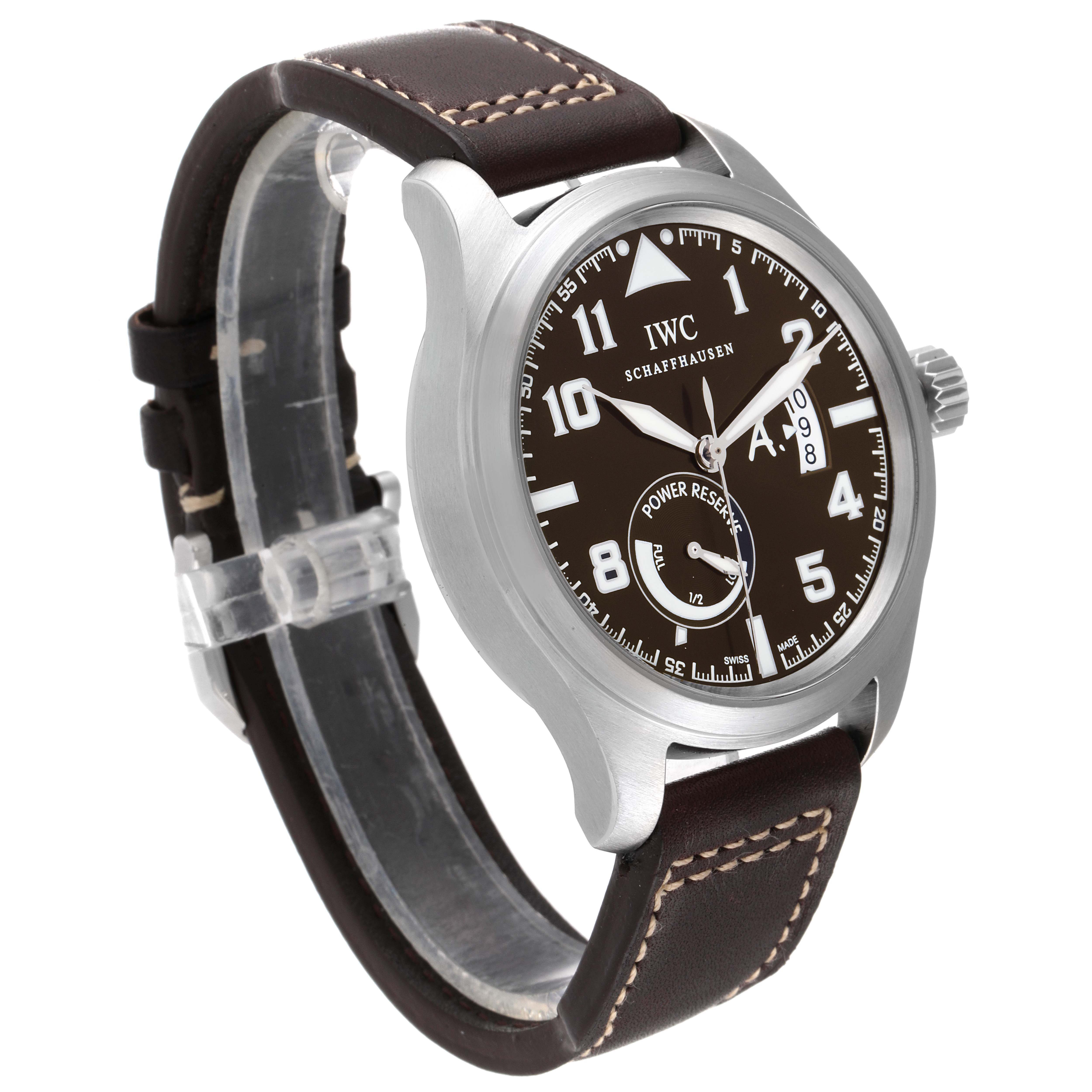 The IWC Pilot IW320104 Men's Stainless Steel Brown Dial IW320104 Men's Stainless Steel Brown Dial model watch is shown at an angle displaying the face, crown, and strap with stitching detail.