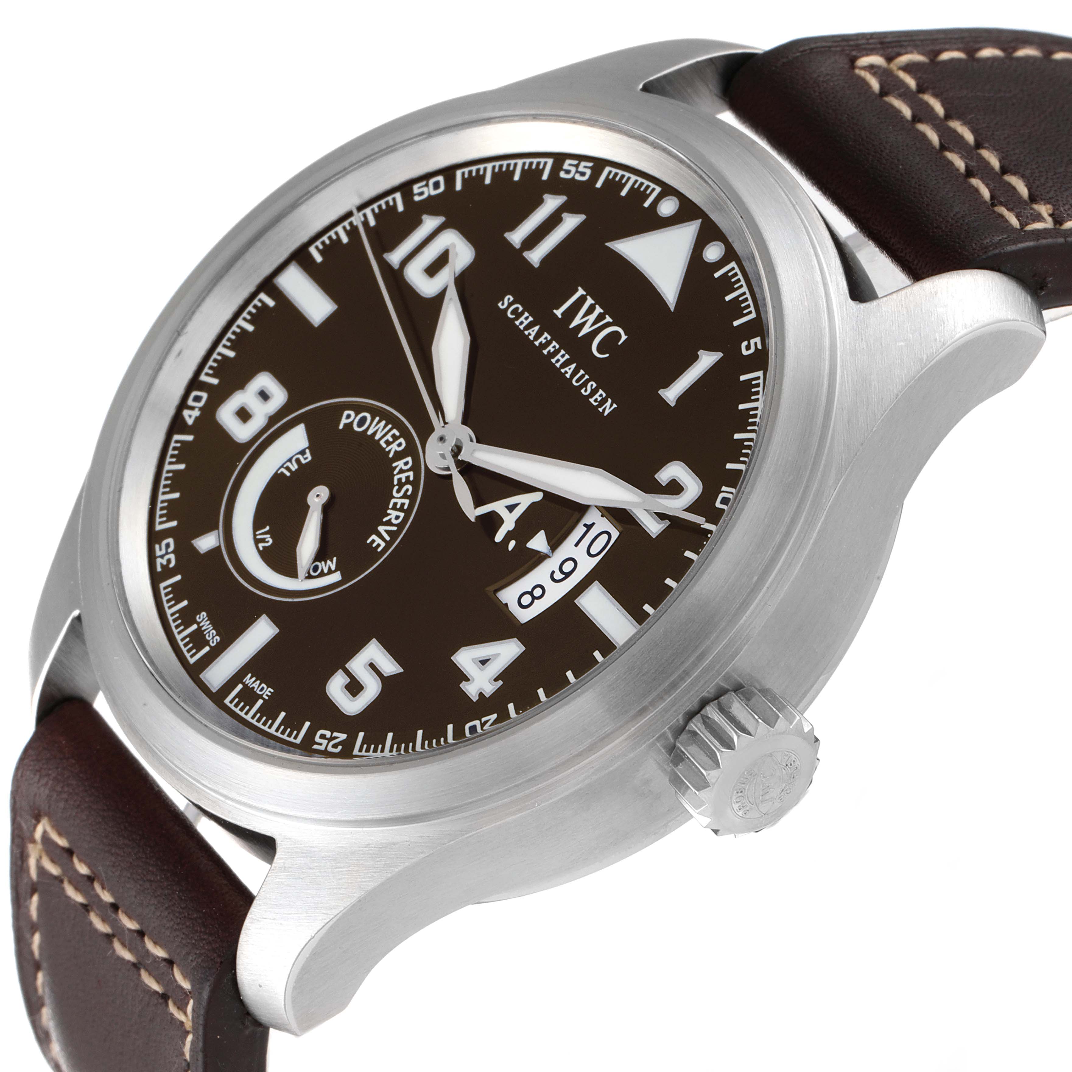The image shows a close-up side angle of the IWC Pilot IW320104 Men's Stainless Steel Brown Dial IW320104 Men's Stainless Steel Brown Dial model watch, displaying its dial, crown, and leather strap with stitching.