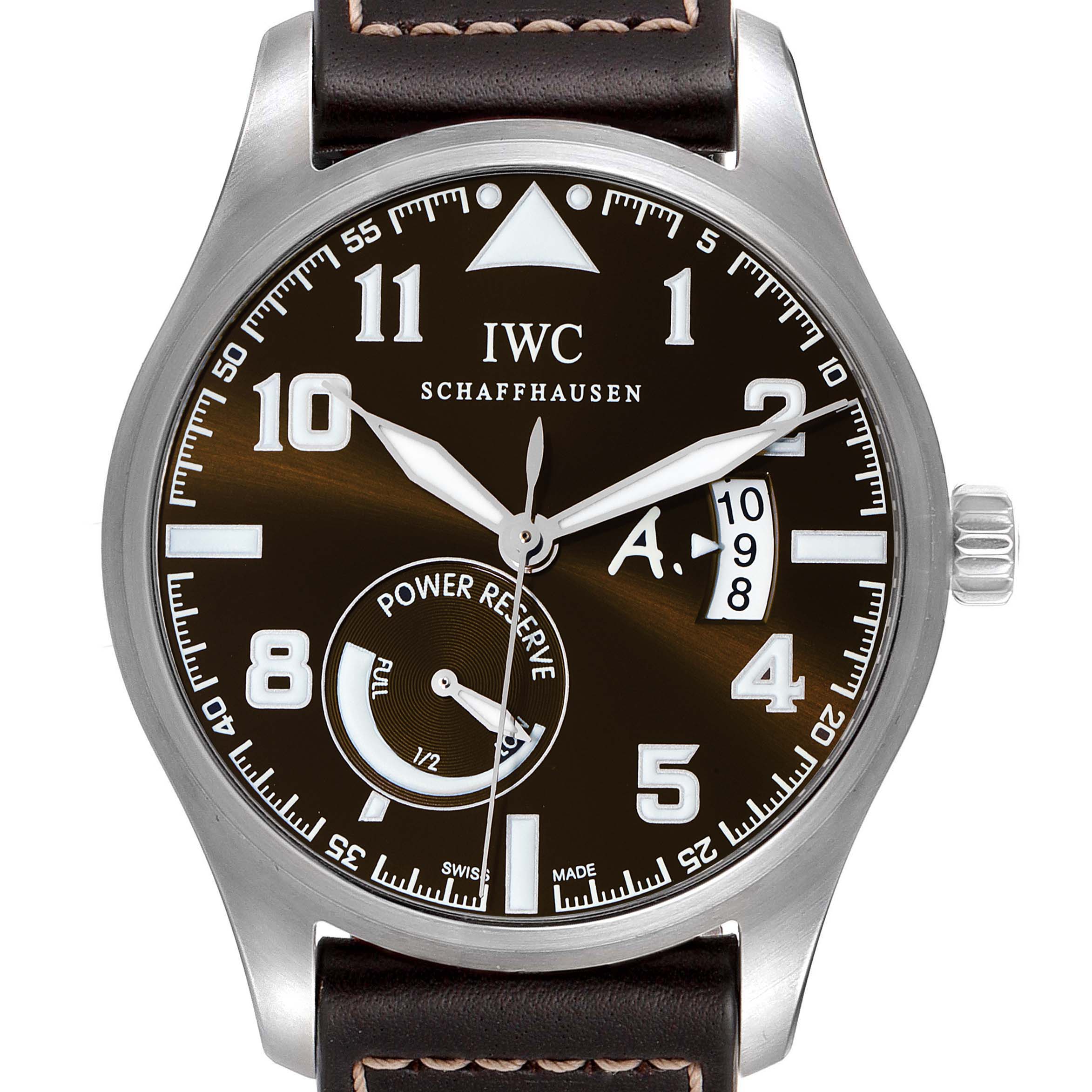This image shows the front view of the IWC Pilot IW320104 Men's Stainless Steel Brown Dial IW320104 Men's Stainless Steel Brown Dial watch, detailing its dial, hands, power reserve indicator, and date display.