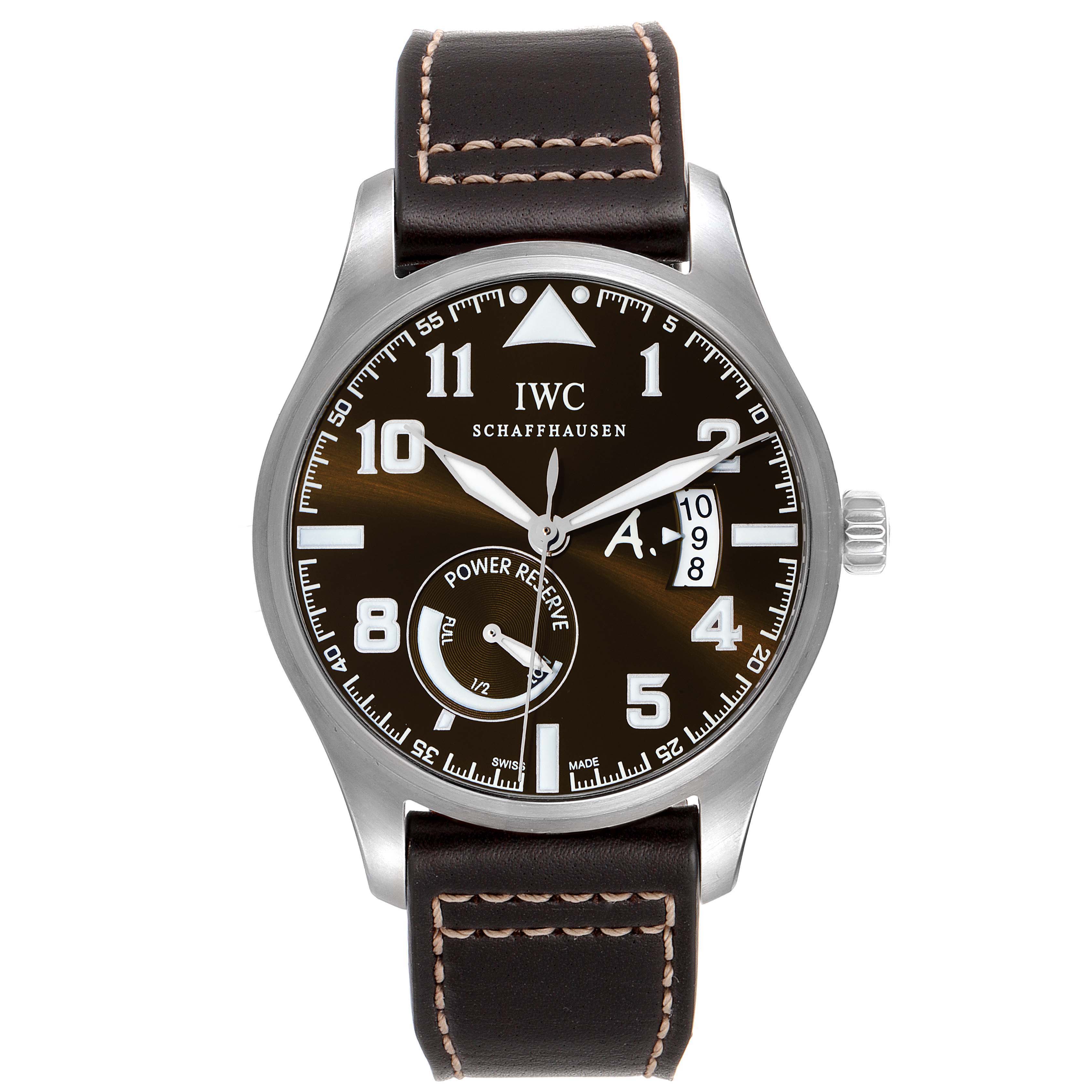 The image shows a front view of an IWC Pilot IW320104 Men's Stainless Steel Brown Dial IW320104 Men's Stainless Steel Brown Dial watch, displaying the dial, hands, crown, and leather strap.